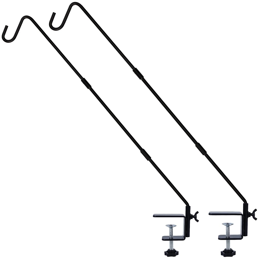 Juegoal 2 Pack Heavy Duty Deck Hook with 2 Inch Non Slip Clamp, 25 or 36 Inch Extended Reach Deck Hook, Adjustable Rail Pole Plant Bracket for Hanging Bird Feeder, Suet Baskets, Lanterns, Wind Chimes