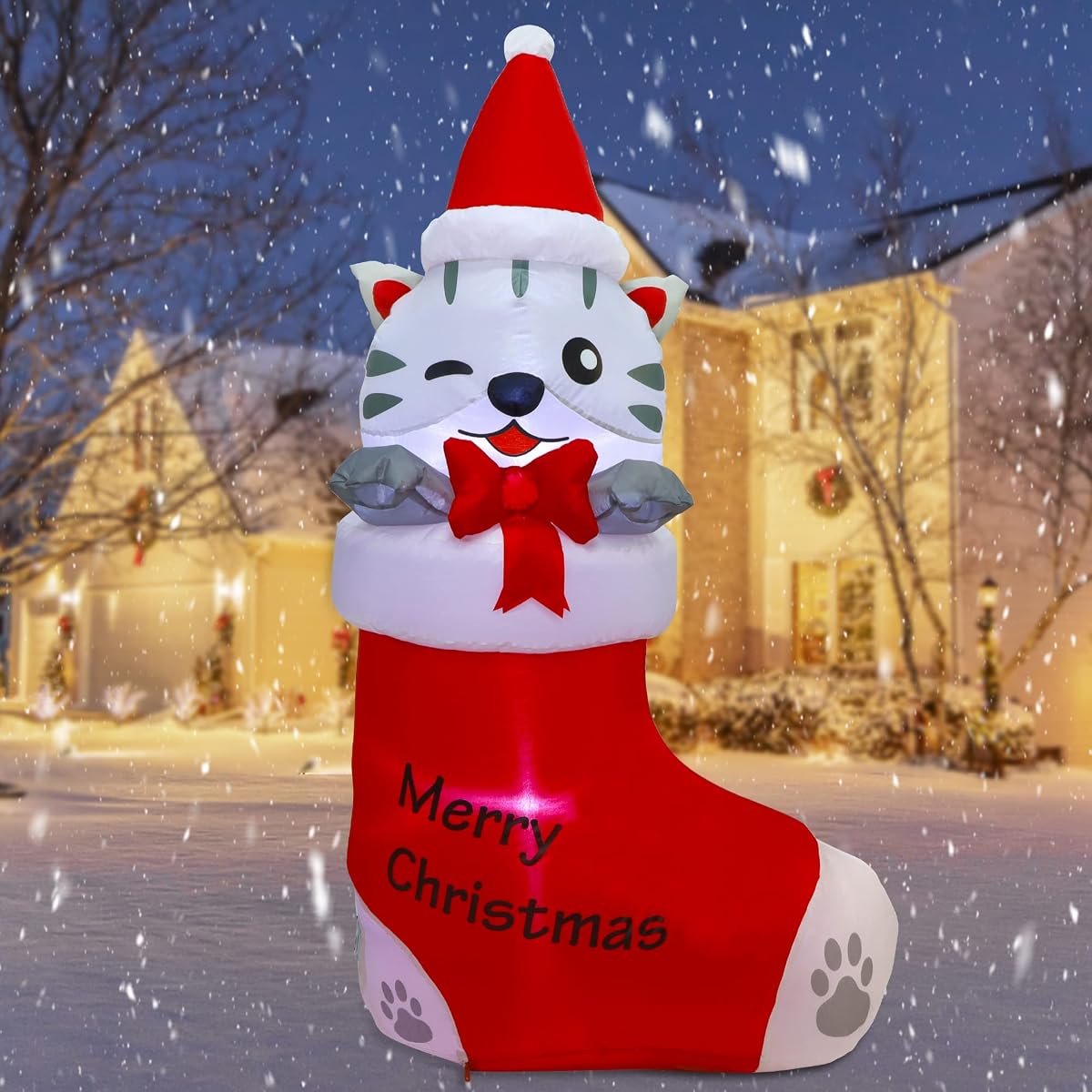 Juegoal 5 FT Christmas Inflatables Outdoor Decorations, Inflatable Kitten in Xmas Stocking, Lighted Blow Up Cat Standing on Christmas Socks with Built in Lights for Holiday Lawn Yard Garden Decor - imagem de detalhe 5