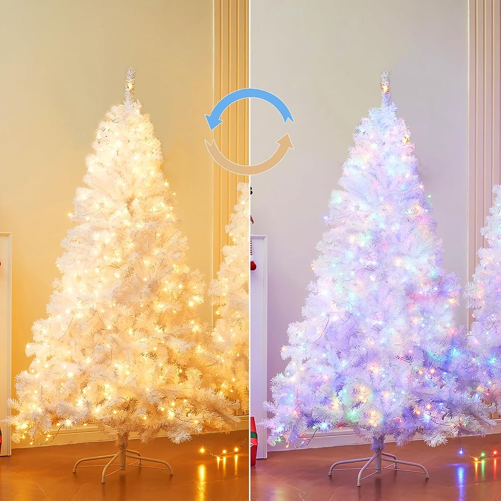 Juegoal 6 FT Artificial Christmas Tree (NOT Pre-Strung) with Remote Control, 300 LED Warm White & Multicolor Changing Lights, Fake Xmas Pine Tree with Metal Legs, 850 Branch Tips, White