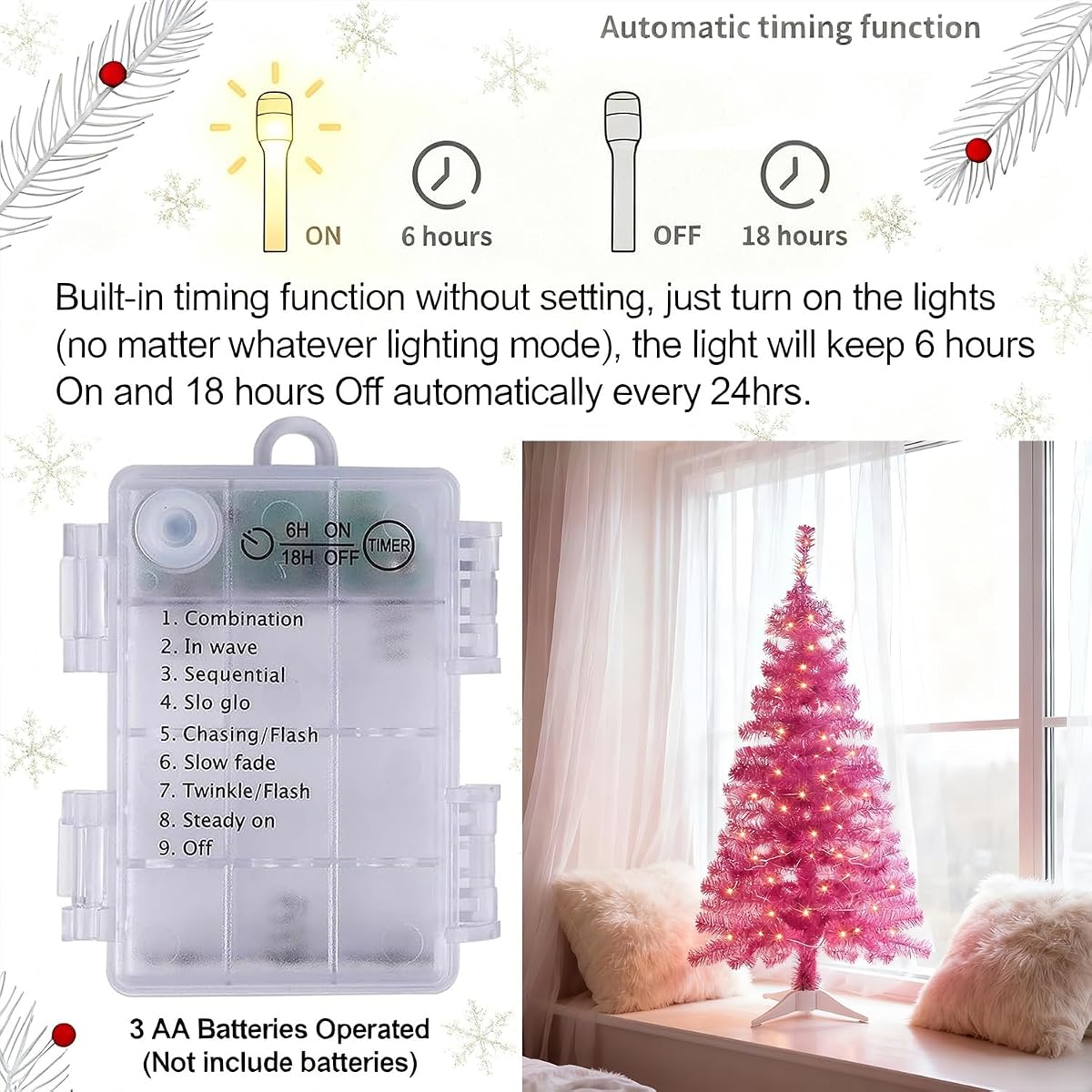Juegoal Pink Artificial Tree, 4 FT Pre-lit Christmas Tree, Lighted Tinsel Pencil Pine Spruce Trees with Warm White Lights, 8 Lighting Mode Battery Powered for Xmas Holiday Winter Home Party Decor - detail image 3