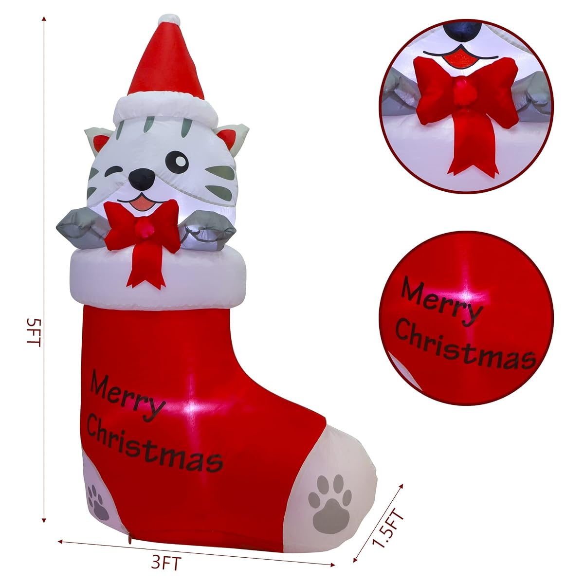 Juegoal 5 FT Christmas Inflatables Outdoor Decorations, Inflatable Kitten in Xmas Stocking, Lighted Blow Up Cat Standing on Christmas Socks with Built in Lights for Holiday Lawn Yard Garden Decor - imagem de detalhe 1