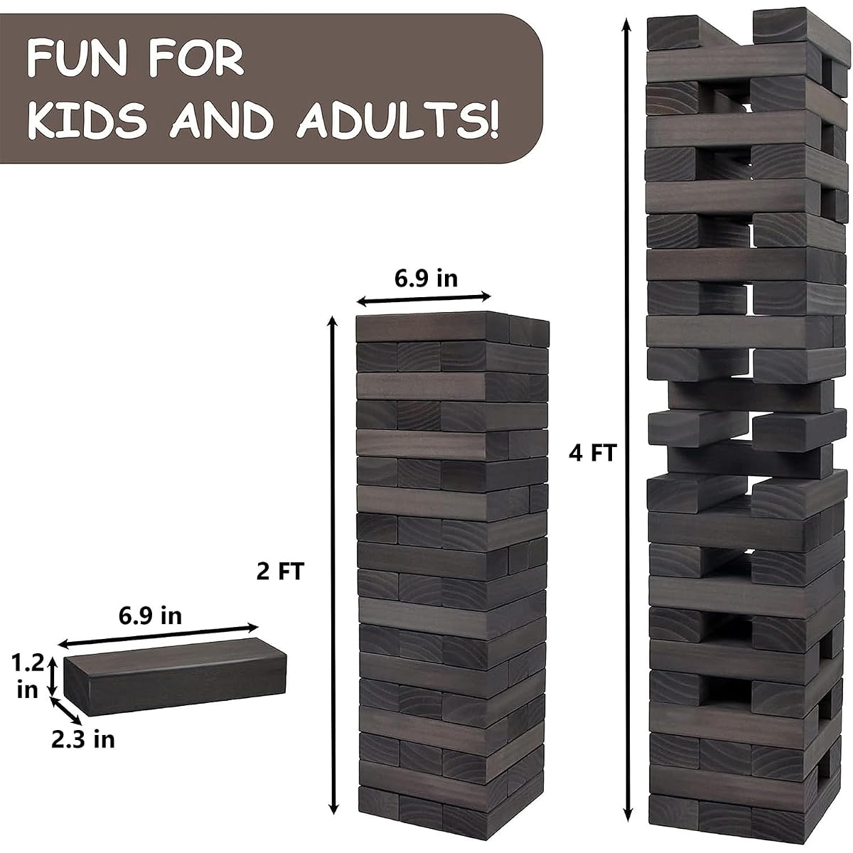 Juegoal 54 Piece Giant Tumble Tower Grey for Adult Kids Family, Wooden Block Stacking Game with Gameboard & Canvas Bag, Outdoor Games for Backyard Lawn Party Playing, 6.9 x 6.9 x 24 Inches,X-Large - imagen de detalle 1