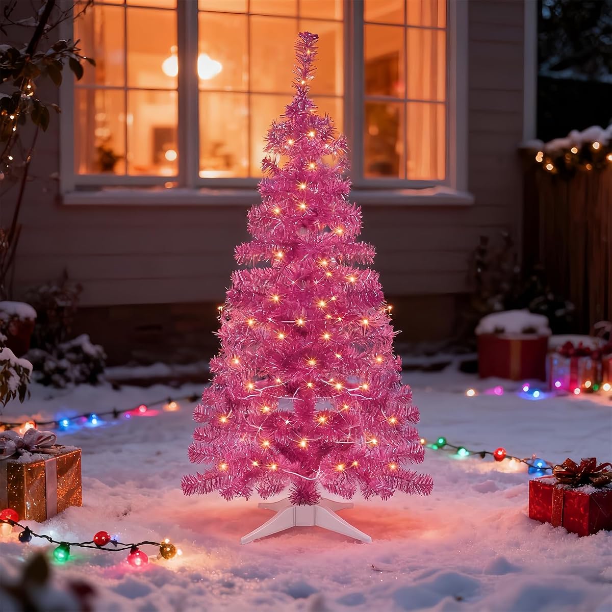 Juegoal Pink Artificial Tree, 4 FT Pre-lit Christmas Tree, Lighted Tinsel Pencil Pine Spruce Trees with Warm White Lights, 8 Lighting Mode Battery Powered for Xmas Holiday Winter Home Party Decor - detail image 4