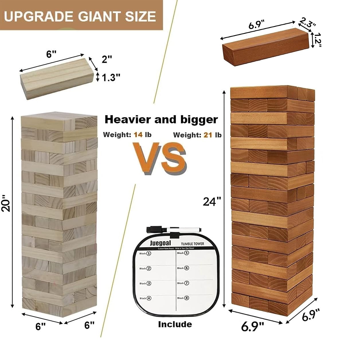 Juegoal 54 Piece Giant Tumble Tower Brown for Adult Kids Family, Wooden Block Stacking Game with Gameboard & Canvas Bag, Outdoor Games for Backyard Lawn Party Playing, 6.9 x 6.9 x 24 Inches,X-Large - detail image 4