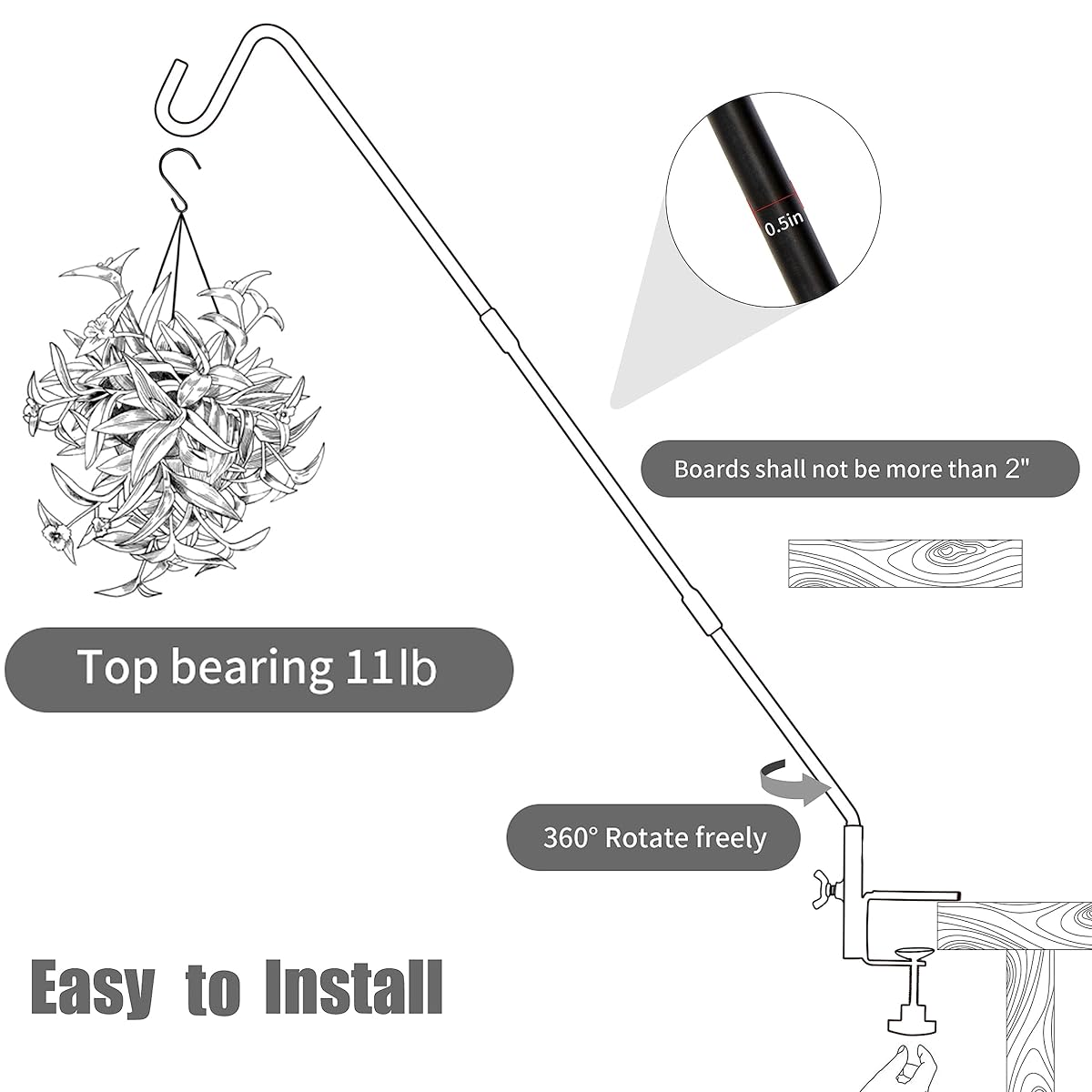 Juegoal 2 Pack Heavy Duty Deck Hook with 2 Inch Non Slip Clamp, 25 or 36 Inch Extended Reach Deck Hook, Adjustable Rail Pole Plant Bracket for Hanging Bird Feeder, Suet Baskets, Lanterns, Wind Chimes - imagem de detalhe 4
