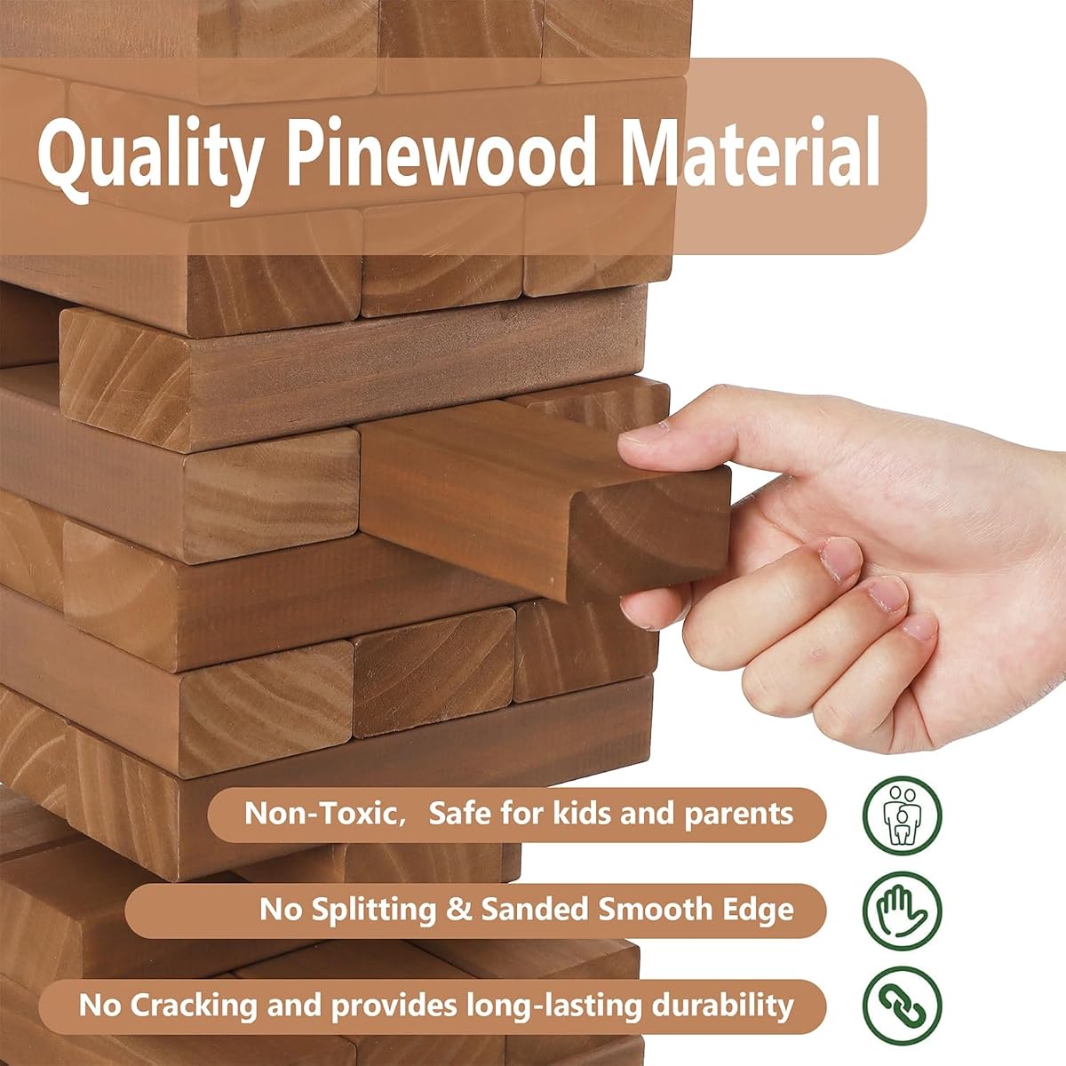 Juegoal 54 Piece Giant Tumble Tower Brown for Adult Kids Family, Wooden Block Stacking Game with Gameboard & Canvas Bag, Outdoor Games for Backyard Lawn Party Playing, 6.9 x 6.9 x 24 Inches,X-Large - detail image 2