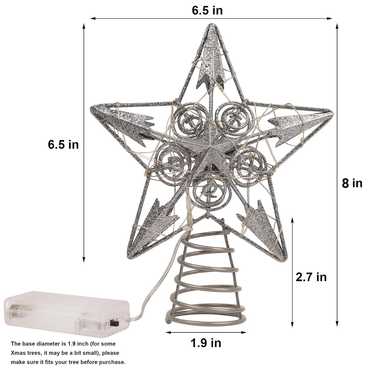 Juegoal Star Tree Topper with 20 LED Lights, Metal Silver Lighted Treetop Ornaments, Battery Powered Light Up Christmas Tree Decorations, 6.5 x 6.5 Inches - imagem de detalhe 1