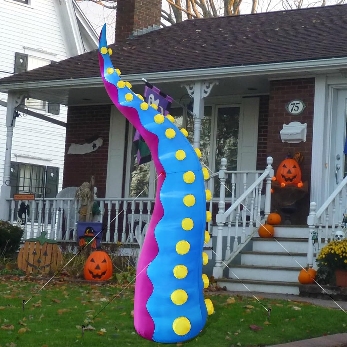 Juegoal 1 PCS Halloween Decorations 11.5FT Tall Inflatable Lighted Giant Octopus Tentacle, Octopus Legs with Lights, Halloween Front Door Window Roof Prop, Outdoor Holiday Blow up Decor - Mold C - 细节图 5