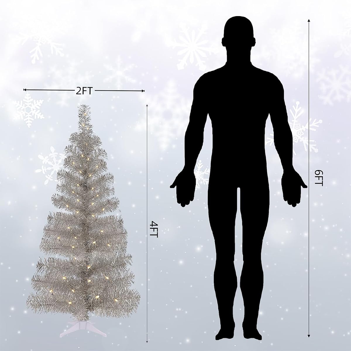 Juegoal 4 FT Pre-lit Artificial Christmas Tree, Lighted Silver Tinsel Pencil Pine Spruce Trees with 70 Warm White LED Lights, 8 Lighting Mode & Timer for Xmas Holiday Winter Home Party Decor - detail image 2