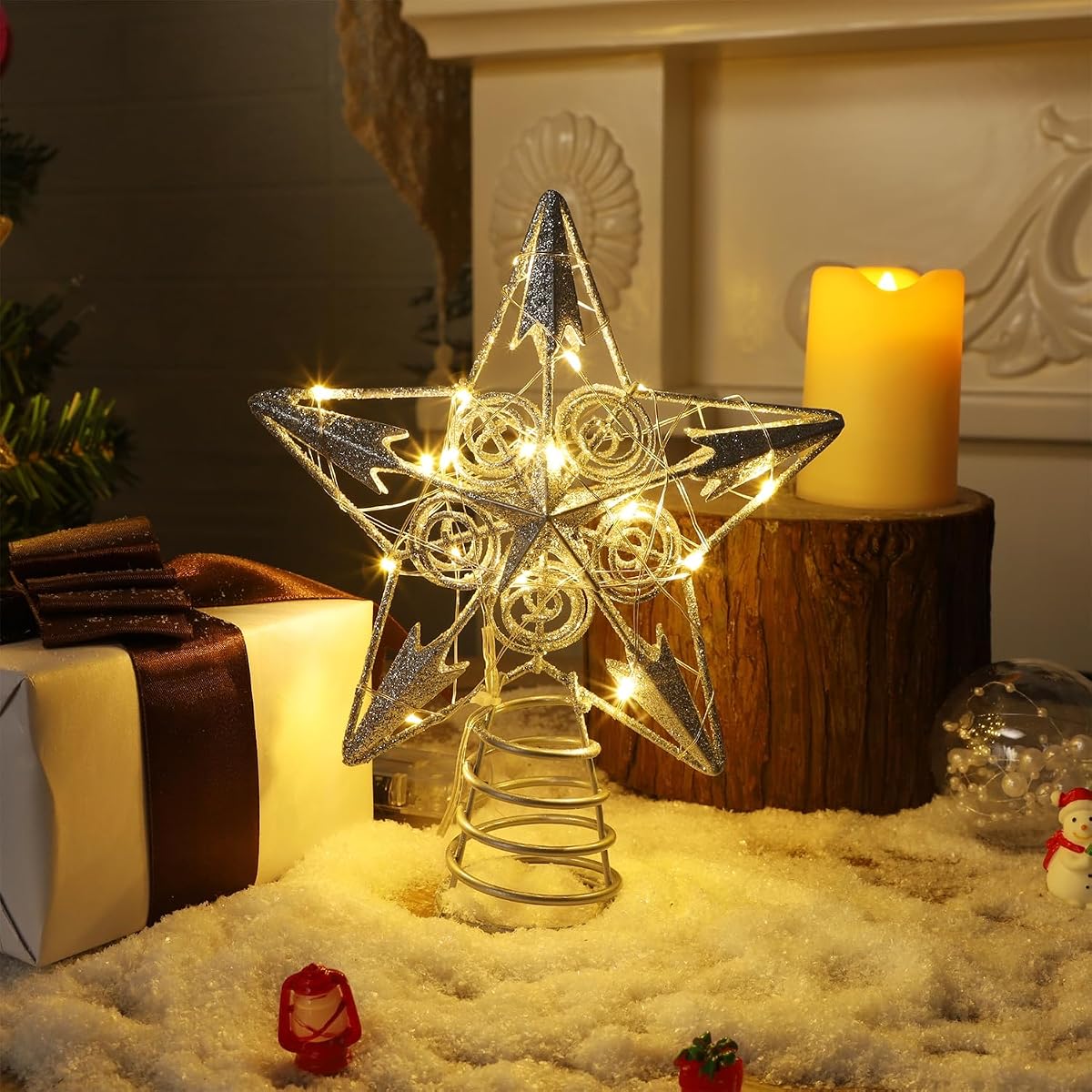 Juegoal Star Tree Topper with 20 LED Lights, Metal Silver Lighted Treetop Ornaments, Battery Powered Light Up Christmas Tree Decorations, 6.5 x 6.5 Inches - imagem de detalhe 2