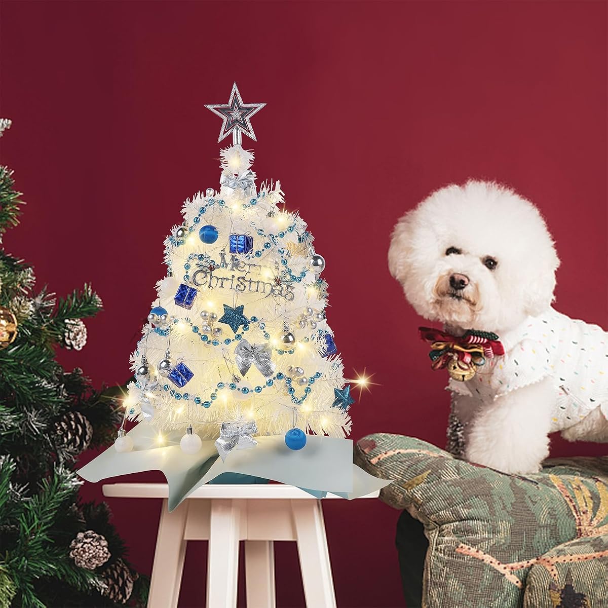 Juegoal White Mini Christmas Tree, 24 Inch/2 FT Lighted Tabletop Artificial Xmas Pine Tree, Small Spruce Tree Light Up Battery Operated & Timer with 50 LED Lights, for Holiday Winter Home Party Decor - 细节图 4