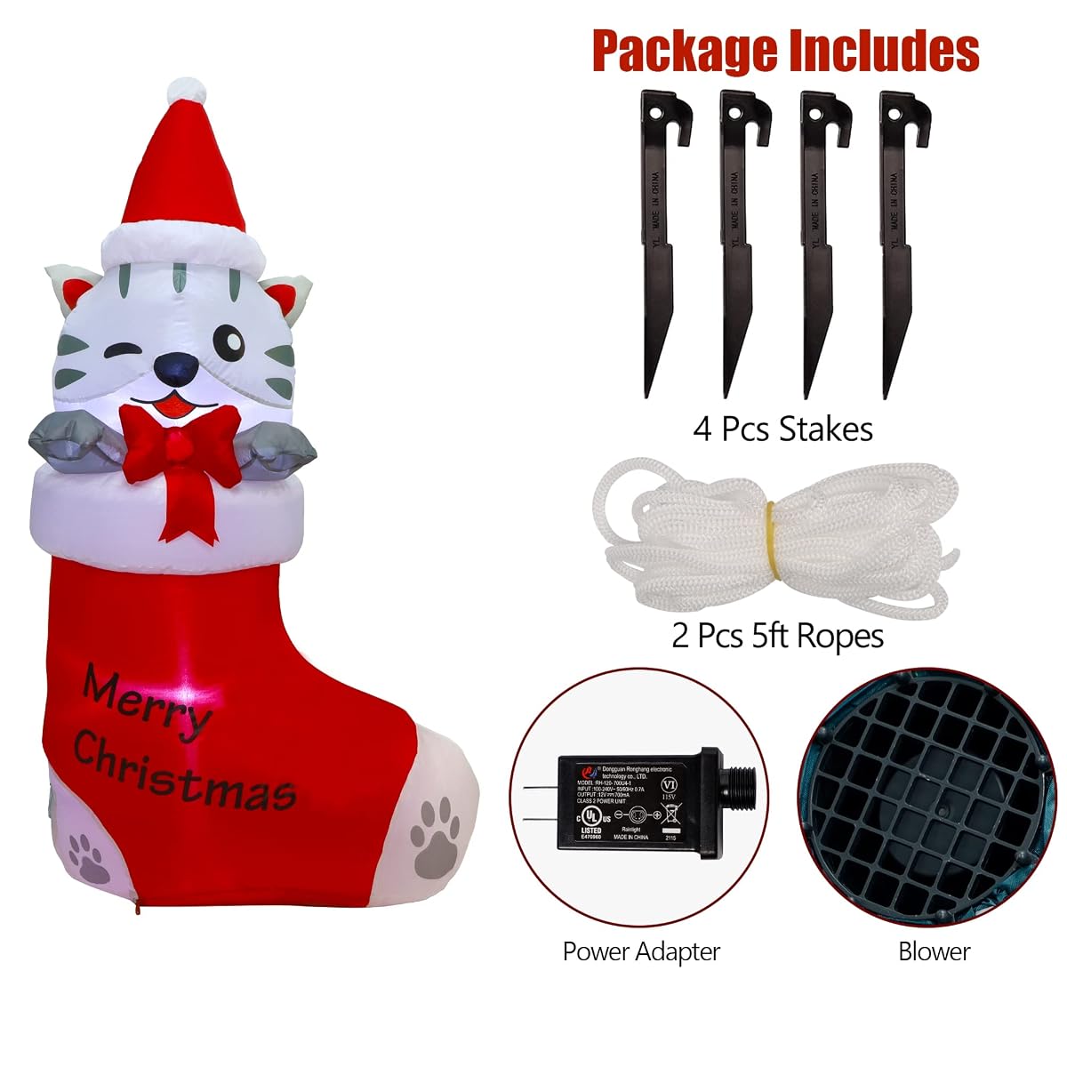 Juegoal 5 FT Christmas Inflatables Outdoor Decorations, Inflatable Kitten in Xmas Stocking, Lighted Blow Up Cat Standing on Christmas Socks with Built in Lights for Holiday Lawn Yard Garden Decor - imagem de detalhe 6