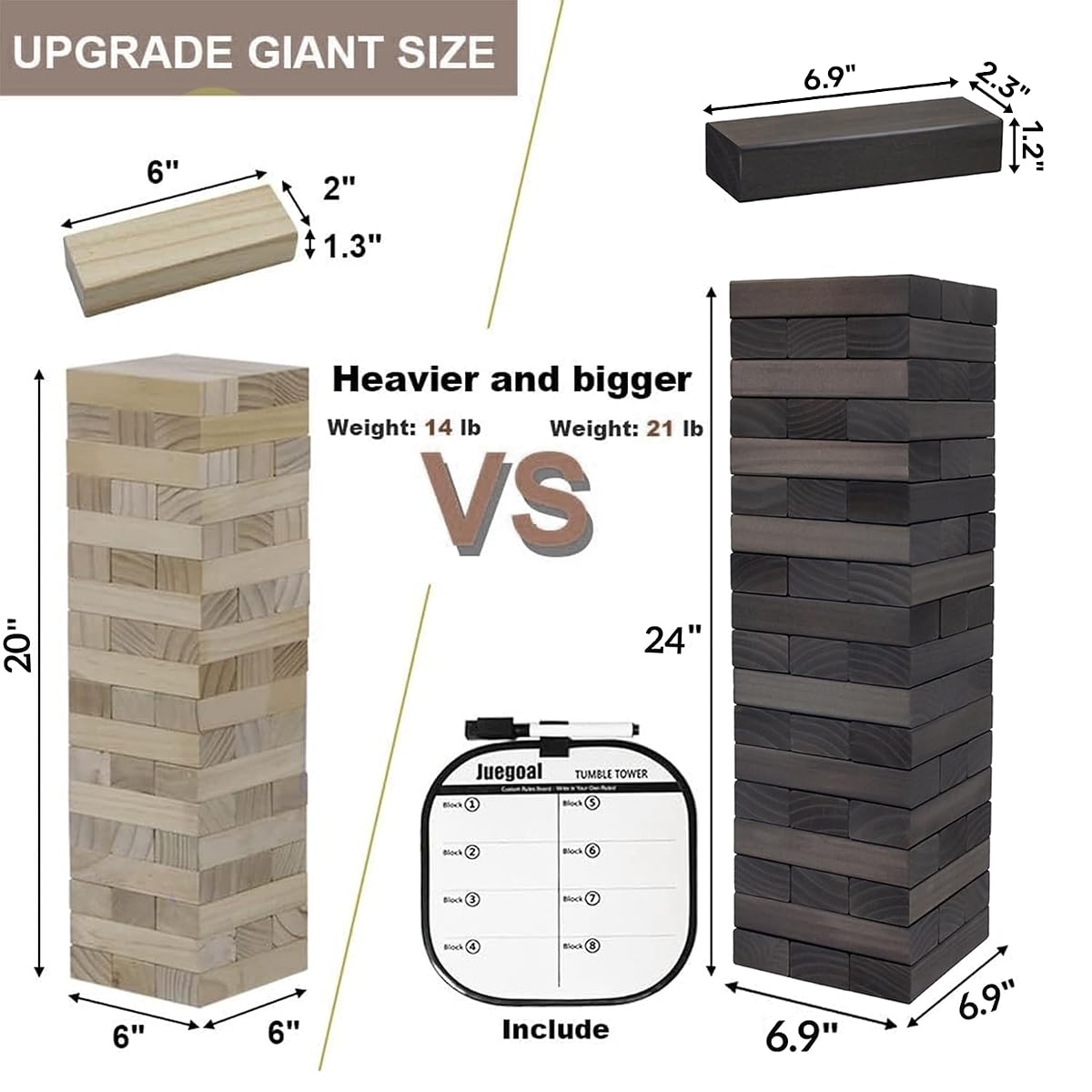 Juegoal 54 Piece Giant Tumble Tower Grey for Adult Kids Family, Wooden Block Stacking Game with Gameboard & Canvas Bag, Outdoor Games for Backyard Lawn Party Playing, 6.9 x 6.9 x 24 Inches,X-Large - imagen de detalle 4