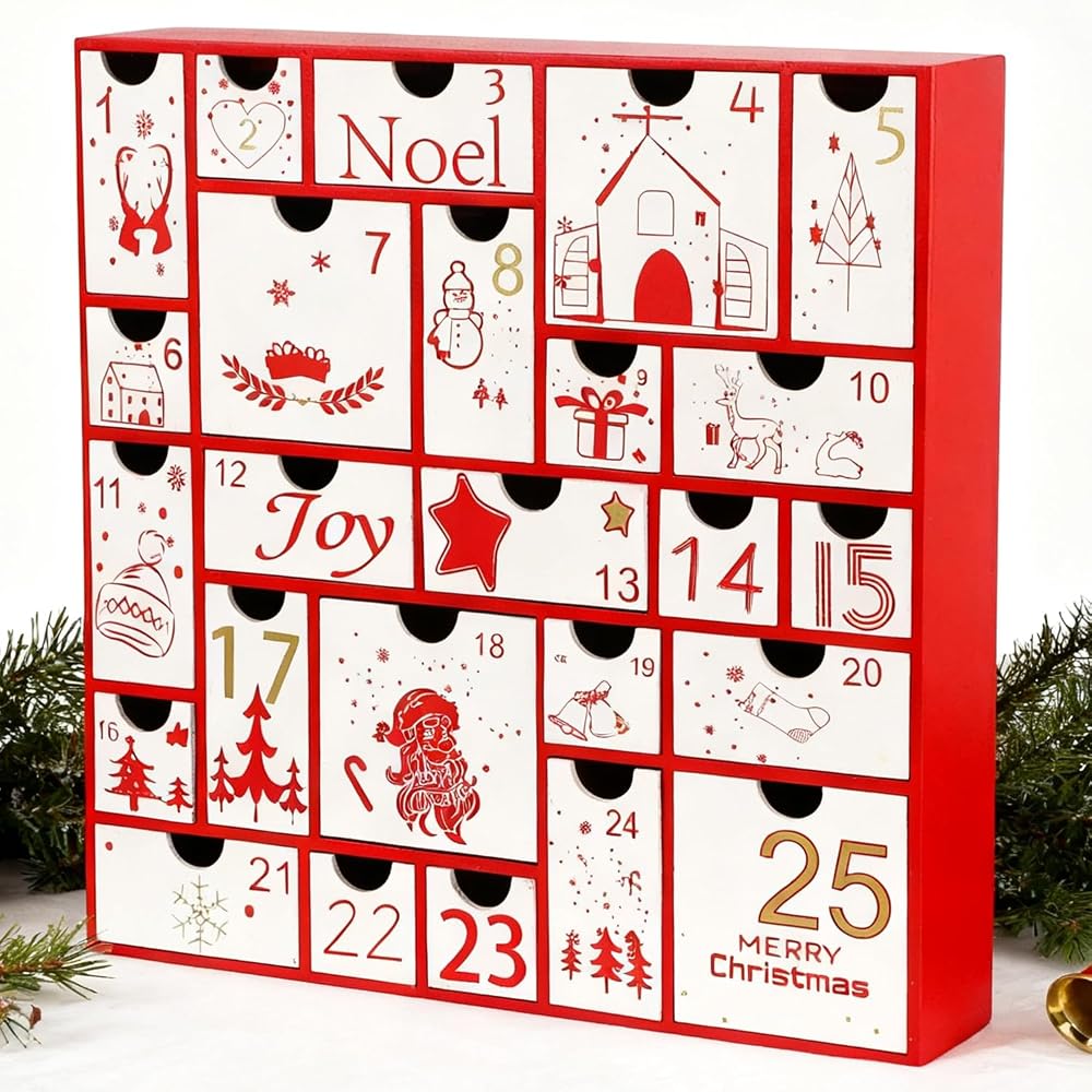 Juegoal Advent Calendar, 11.8'' Red Wooden Advent Calendars with 25 Storage Drawers Countdown to Christmas 2025, Christmas Advent Holiday Decor