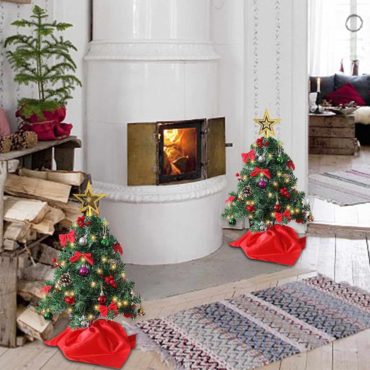 Juegoal 2 Pack Mini Christmas Tree Set 24 Inch / 2 FT, Table Top Artificial Christmas Trees with 50 LED Lights, Xmas Ornaments and Red Berries, Best DIY Christmas Decorations - imagen de detalle 5
