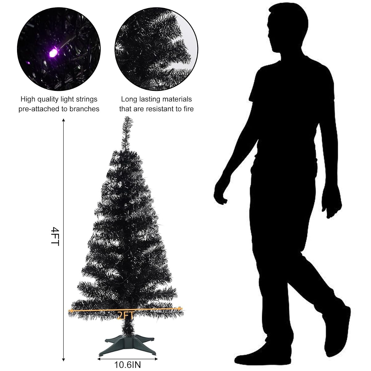 Juegoal Lighted Artificial Halloween Black Christmas Tree, 4FT Black Tinsel Pine Tree with 70 LED Purple Lights, 8 Modes & Timer for Home Party Decorations - detail image 2