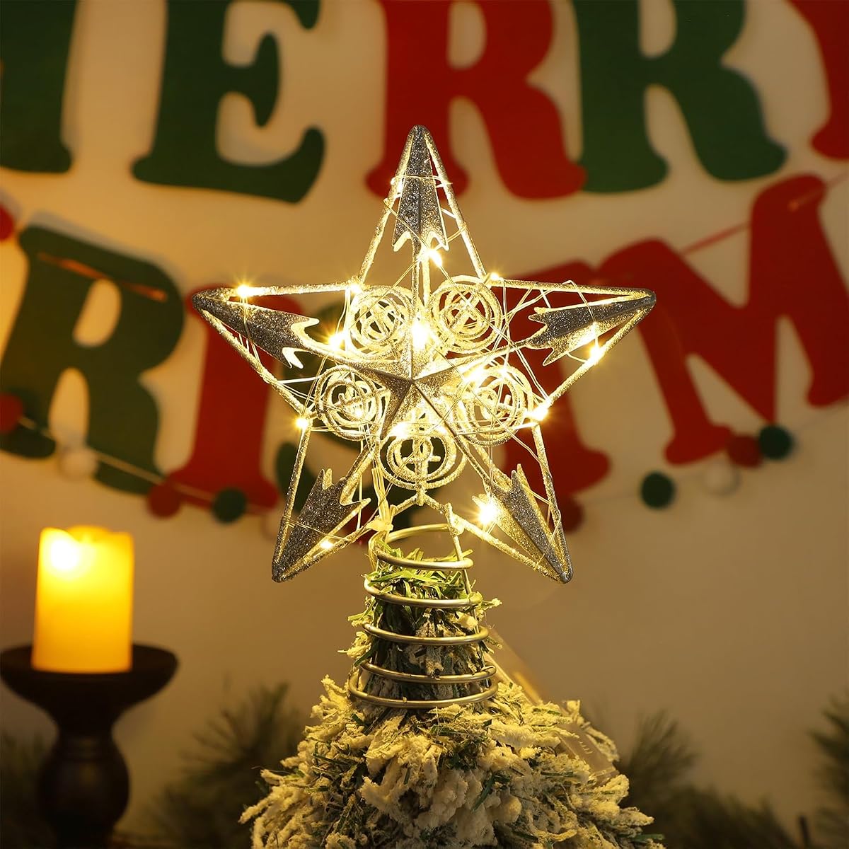 Juegoal Star Tree Topper with 20 LED Lights, Metal Silver Lighted Treetop Ornaments, Battery Powered Light Up Christmas Tree Decorations, 6.5 x 6.5 Inches - imagem de detalhe 3