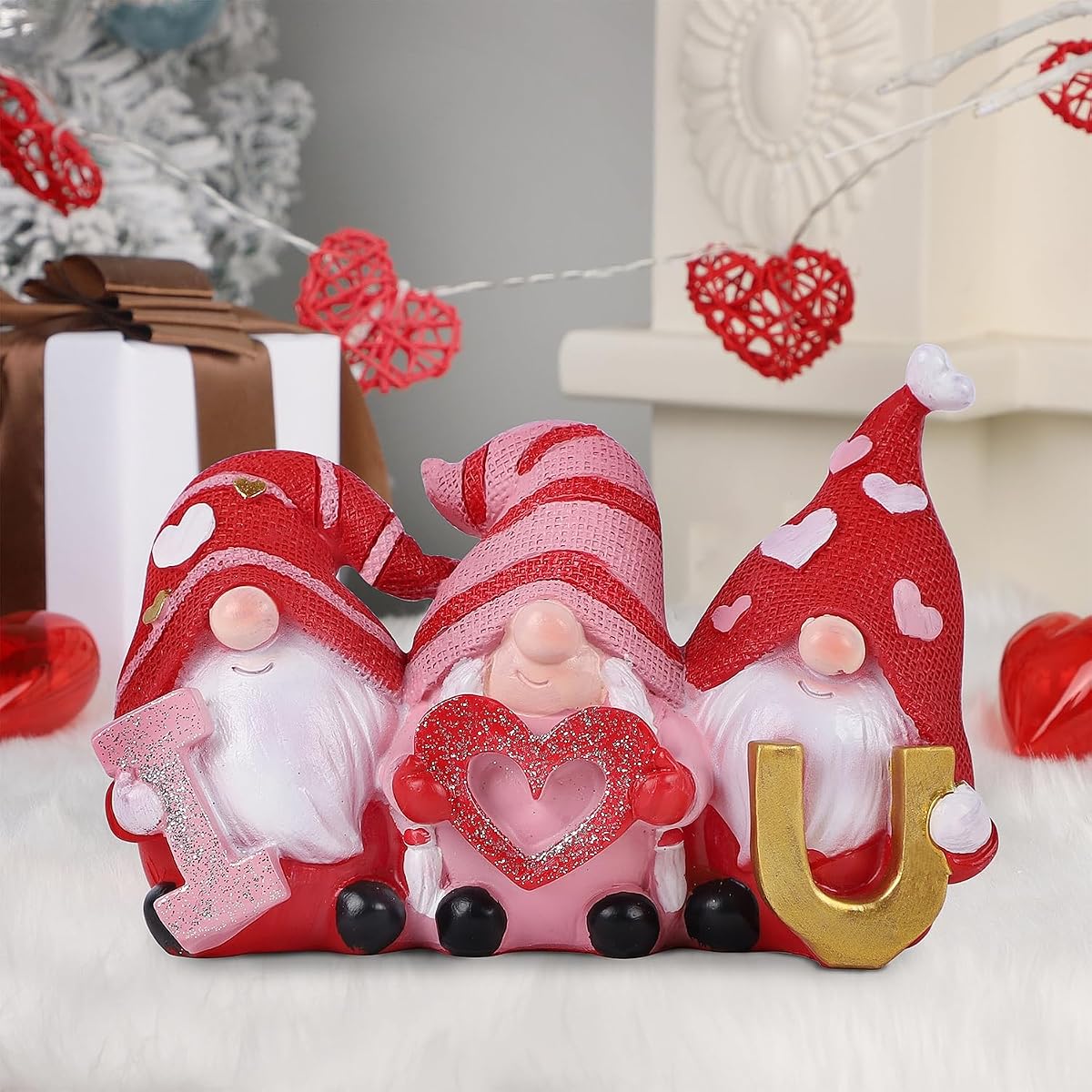 Juegoal Valentines Gnomes Statue, I Love U Red Resin Gnome Valentine Decor, Valentine Gift Tabletop Ornament, Swedish Tomte Handmade Bride and Groom Gifts for Him Home Table Decoration - detail image 2