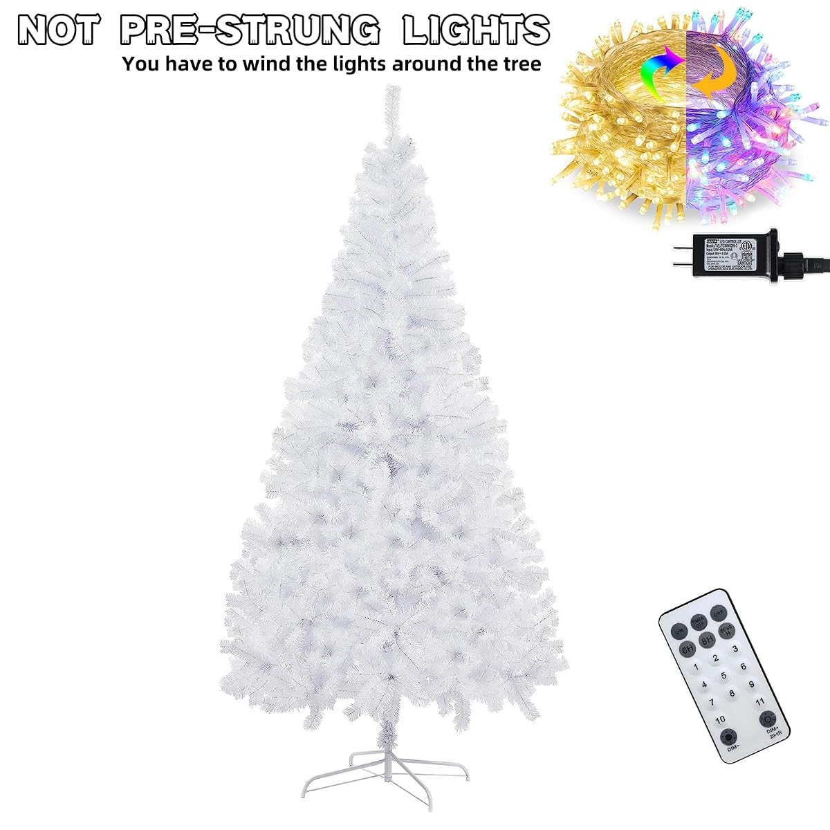 Juegoal 6 FT Artificial Christmas Tree (NOT Pre-Strung) with Remote Control, 300 LED Warm White & Multicolor Changing Lights, Fake Xmas Pine Tree with Metal Legs, 850 Branch Tips, White - detail image 4