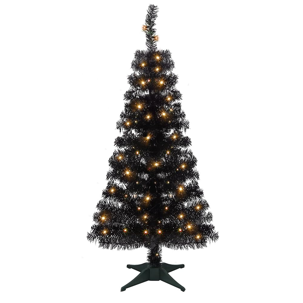 Juegoal Lighted Artificial Halloween Black Christmas Tree, Pre-lit 4 FT Black Tinsel Xmas Pine Trees, Light up with 70 LED Lights Battery Powered, 8 Modes & Timer for Home Office Party Decorations