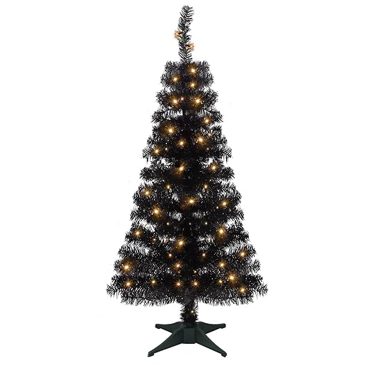 Juegoal Lighted Artificial Halloween Black Christmas Tree, Pre-lit 4 FT Black Tinsel Xmas Pine Trees, Light up with 70 LED Lights Battery Powered, 8 Modes & Timer for Home Office Party Decorations