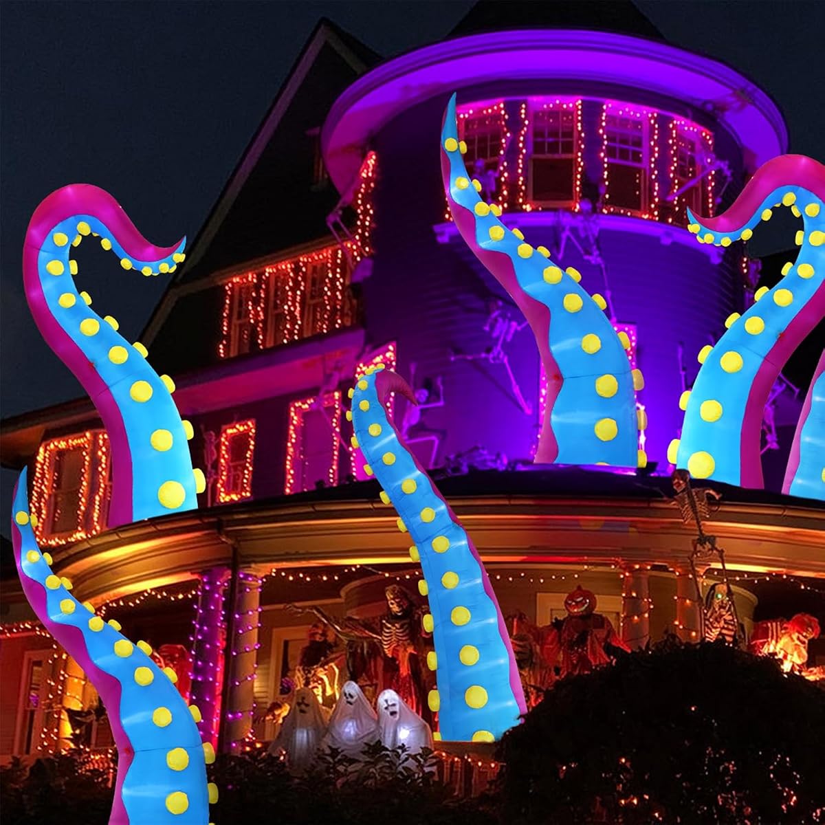 Juegoal 1 PCS Halloween Decorations 11.5FT Tall Inflatable Lighted Giant Octopus Tentacle, Octopus Legs with Lights, Halloween Front Door Window Roof Prop, Outdoor Holiday Blow up Decor - Mold C - 细节图 4