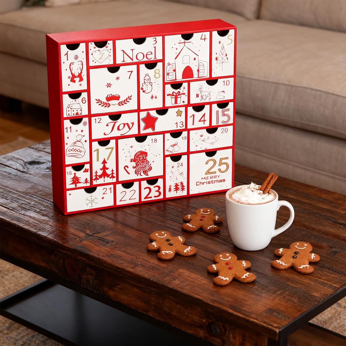 Juegoal Advent Calendar, 11.8'' Red Wooden Advent Calendars with 25 Storage Drawers Countdown to Christmas 2025, Christmas Advent Holiday Decor - imagen de detalle 5