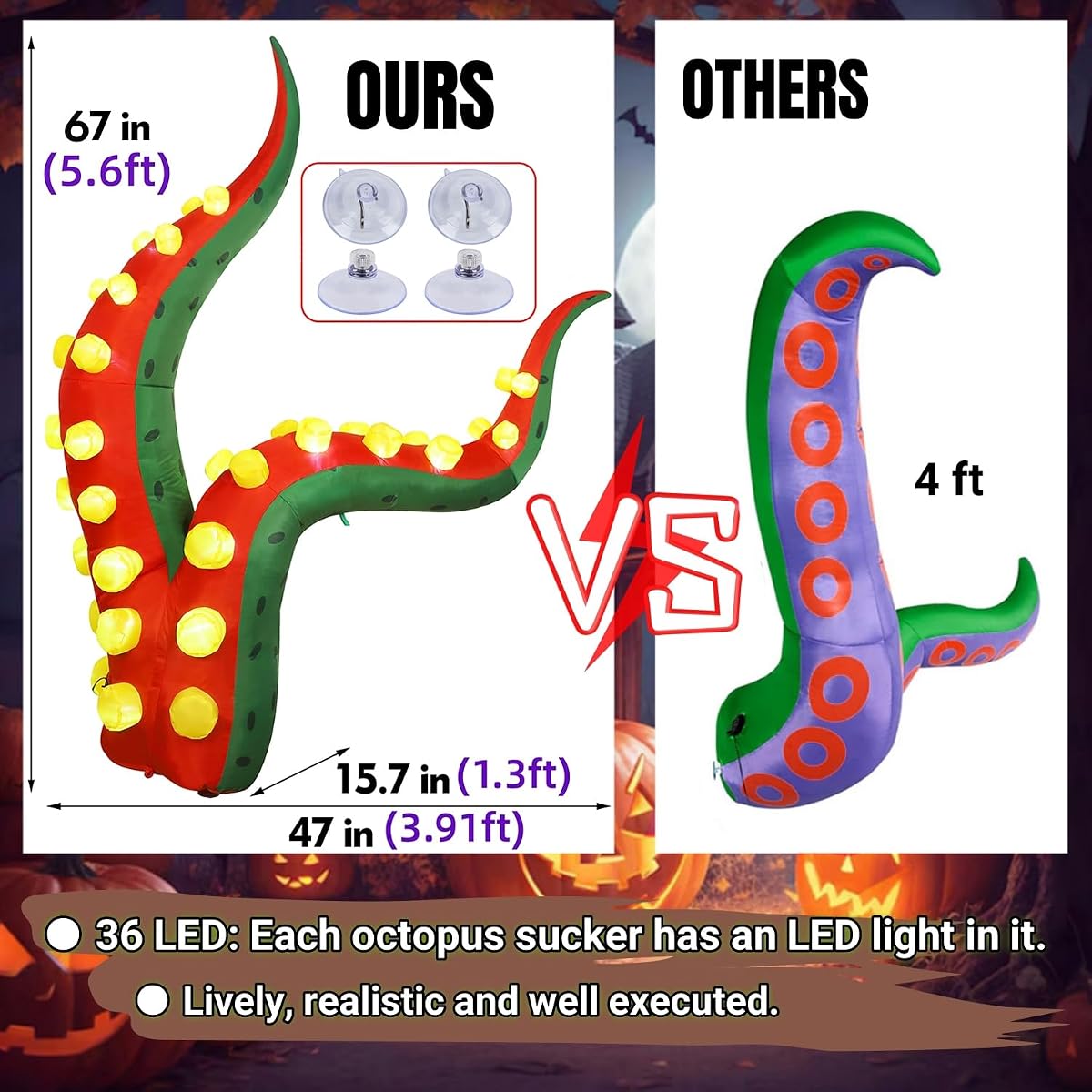 Juegoal Halloween Decorations 5.6FT Tall Inflatable Lighted Octopus Tentacle, Octopus Legs with Build-in 33 LED, Animated Halloween Front Door Window Roof Prop, Outdoor Holiday Party Blow up Decor - imagen de detalle 2