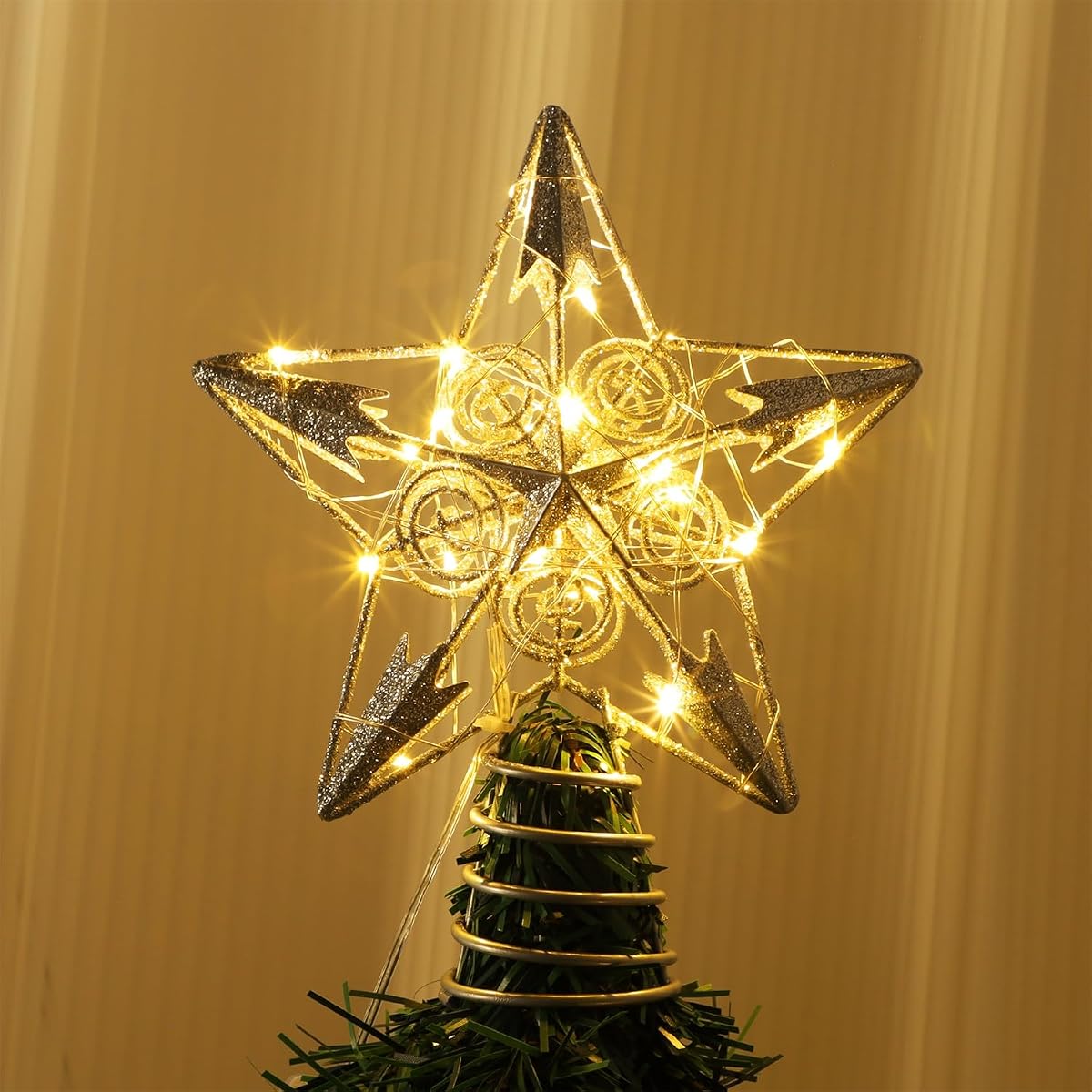 Juegoal Star Tree Topper with 20 LED Lights, Metal Silver Lighted Treetop Ornaments, Battery Powered Light Up Christmas Tree Decorations, 6.5 x 6.5 Inches - imagem de detalhe 6