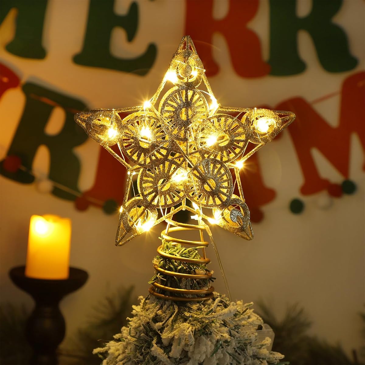Juegoal Star Tree Topper with 20 LED Lights, Metal Golden Lighted Treetop Ornaments, Battery Powered Light Up Christmas Tree Decorations, 6.5 x 6.5 Inches - imagem de detalhe 3