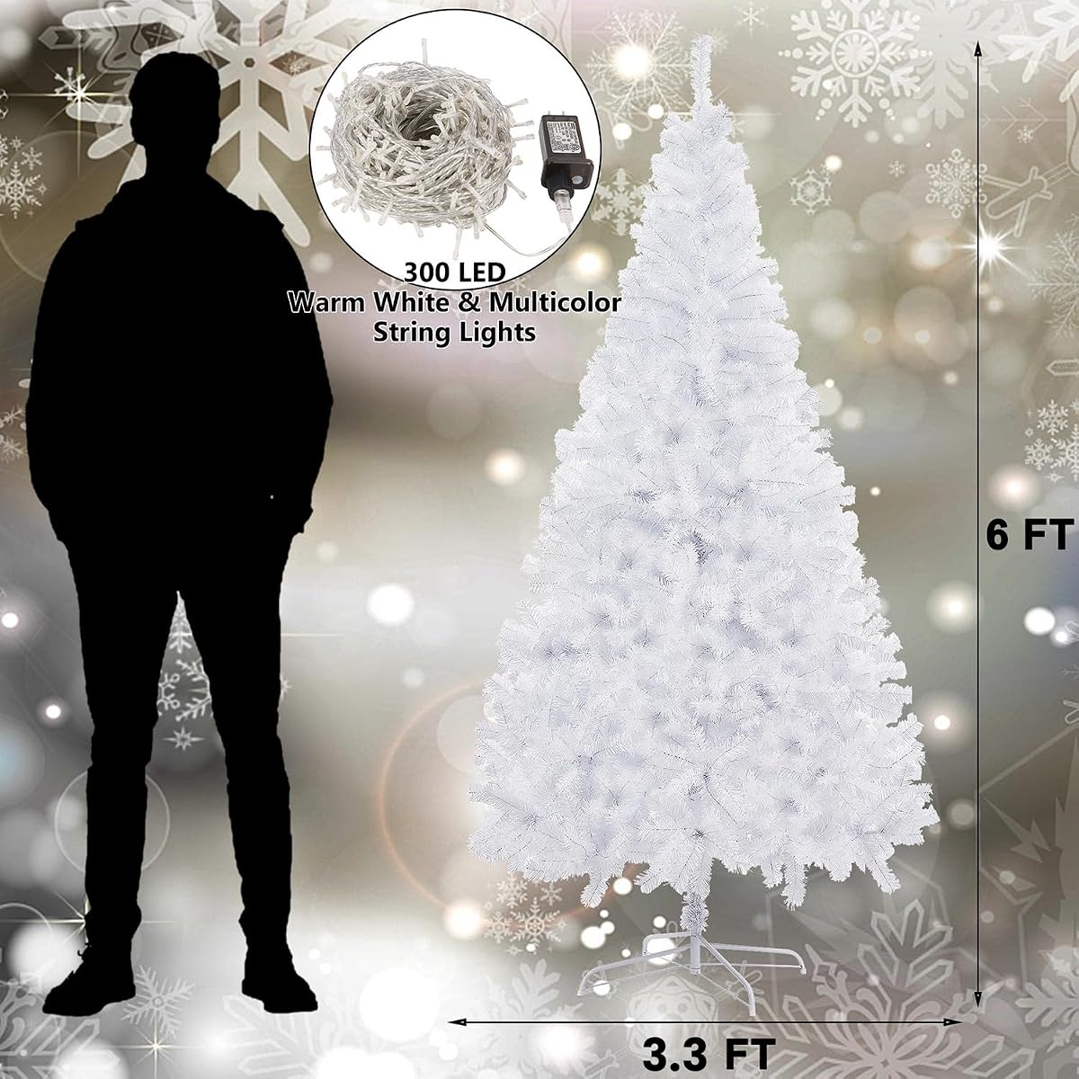 Juegoal 6 FT Artificial Christmas Tree (NOT Pre-Strung) with Remote Control, 300 LED Warm White & Multicolor Changing Lights, Fake Xmas Pine Tree with Metal Legs, 850 Branch Tips, White - detail image 1