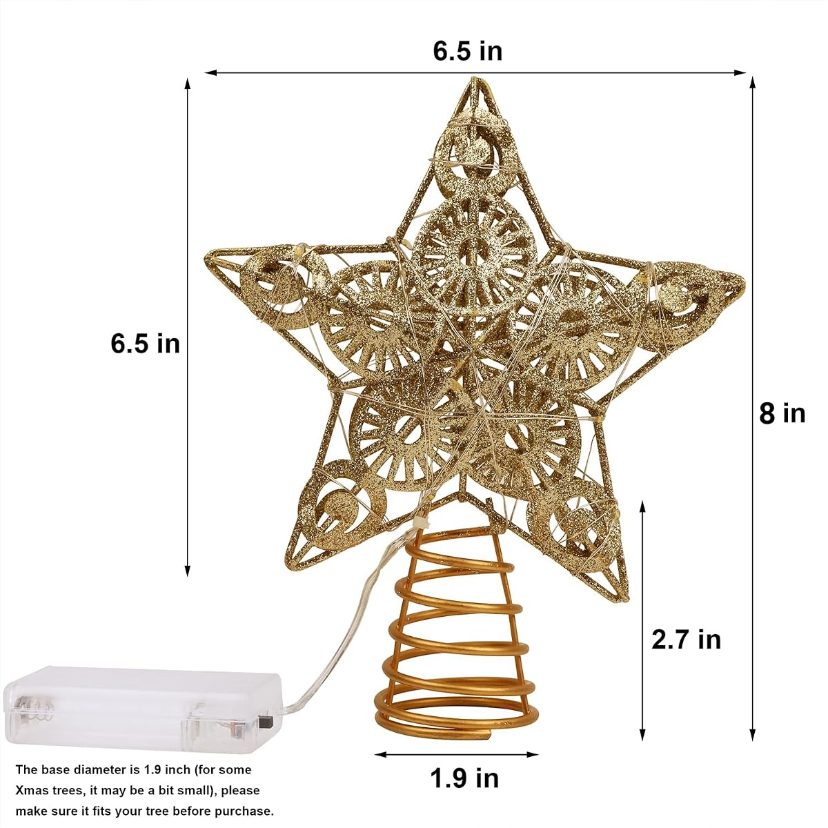 Juegoal Star Tree Topper with 20 LED Lights, Metal Golden Lighted Treetop Ornaments, Battery Powered Light Up Christmas Tree Decorations, 6.5 x 6.5 Inches - imagem de detalhe 1