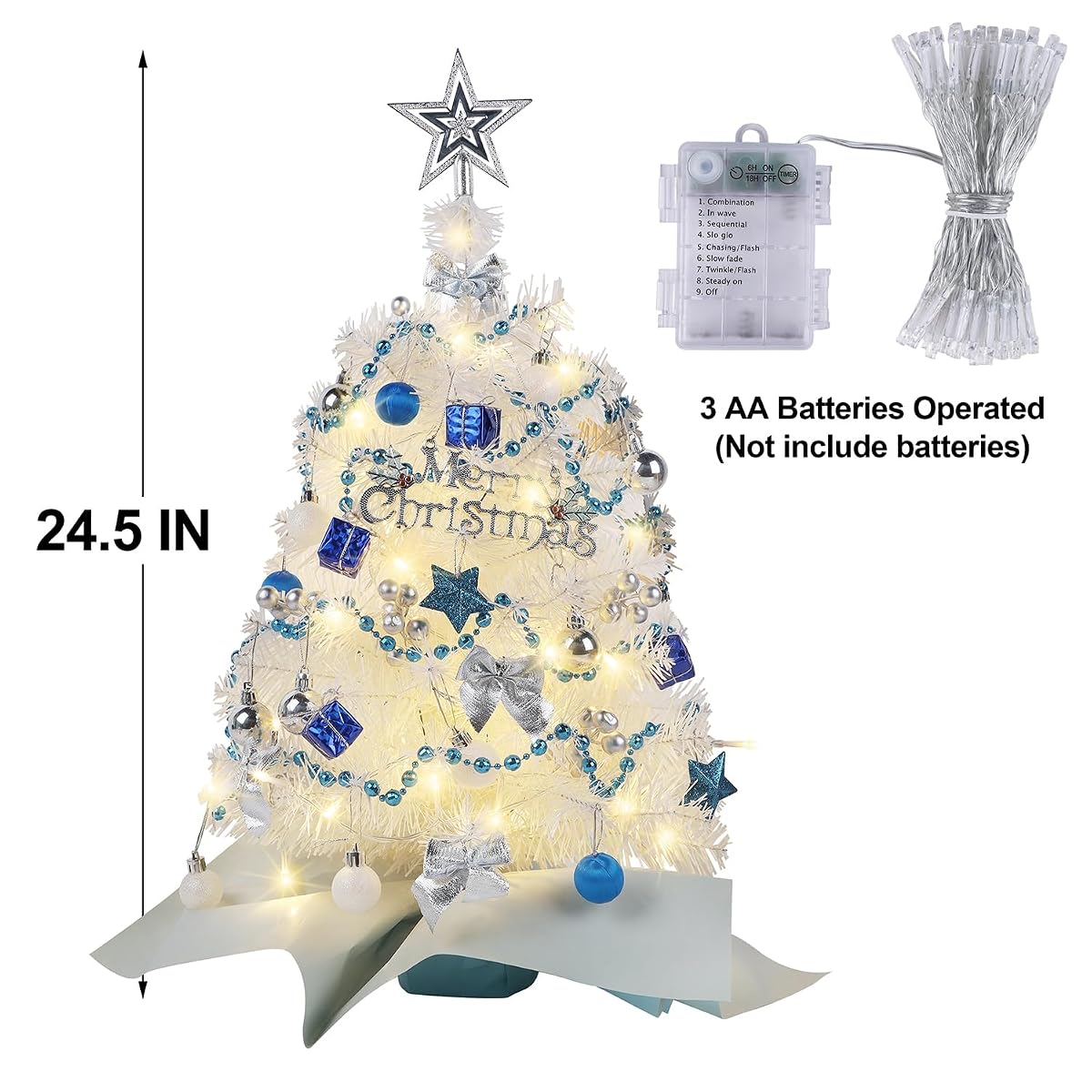 Juegoal White Mini Christmas Tree, 24 Inch/2 FT Lighted Tabletop Artificial Xmas Pine Tree, Small Spruce Tree Light Up Battery Operated & Timer with 50 LED Lights, for Holiday Winter Home Party Decor - 细节图 3