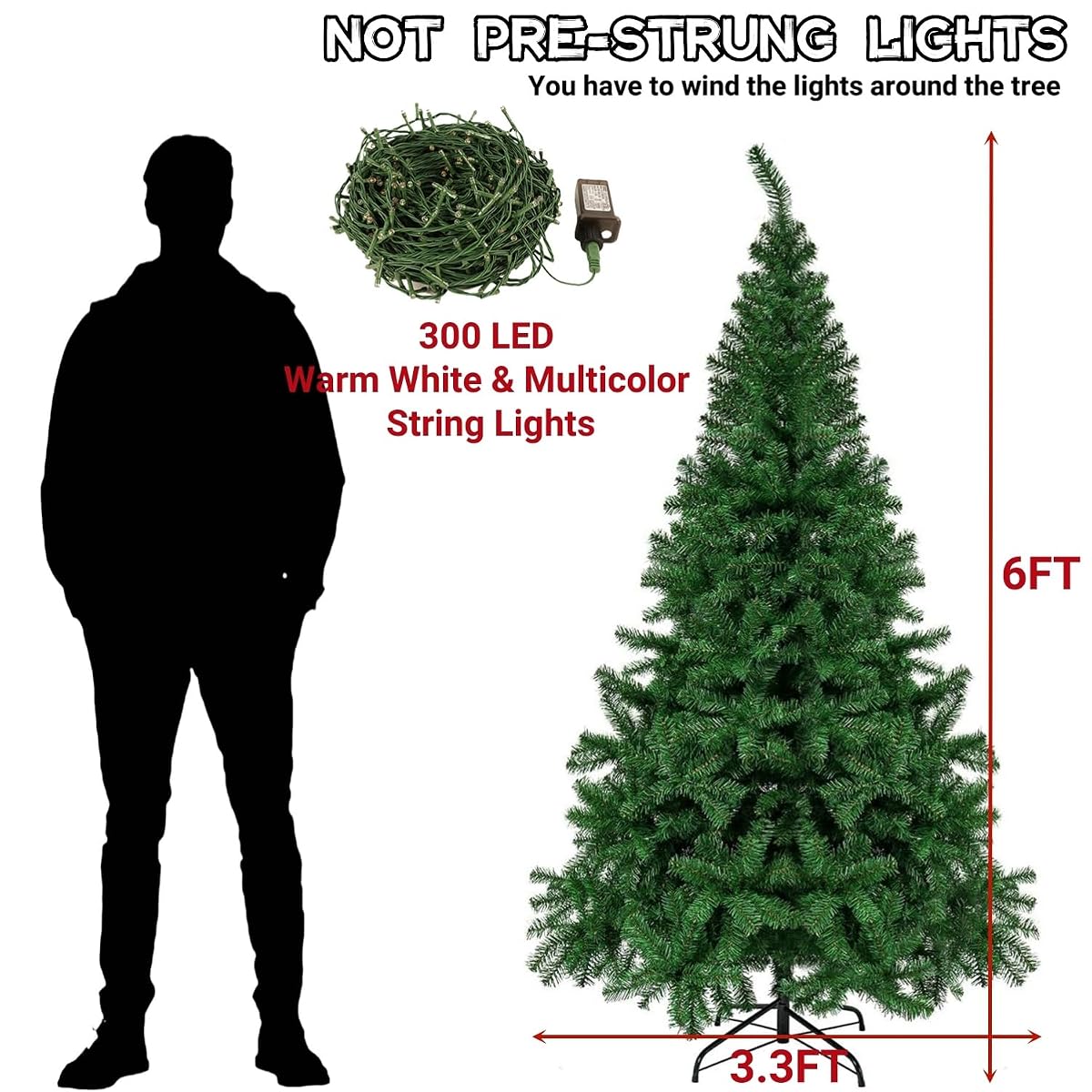 Juegoal 6 Foot Artificial Christmas Tree(NOT Pre-Strung), with 300 LED Warm White & Color Changing Lights, Fake Xmas Tree with Metal Legs, 850 Tips - detail image 2