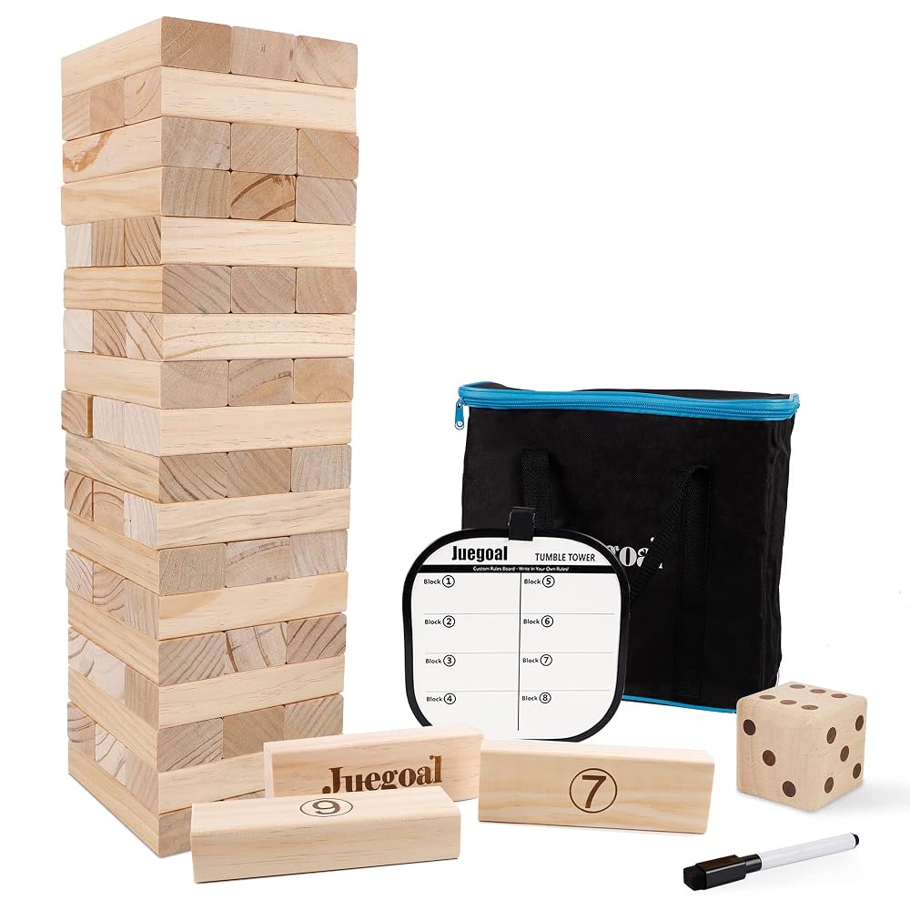 Juegoal 54 Pieces Giant Tumble Tower Blocks Game Giant Wood Stacking Game with 1 Dice Set Canvas Bag