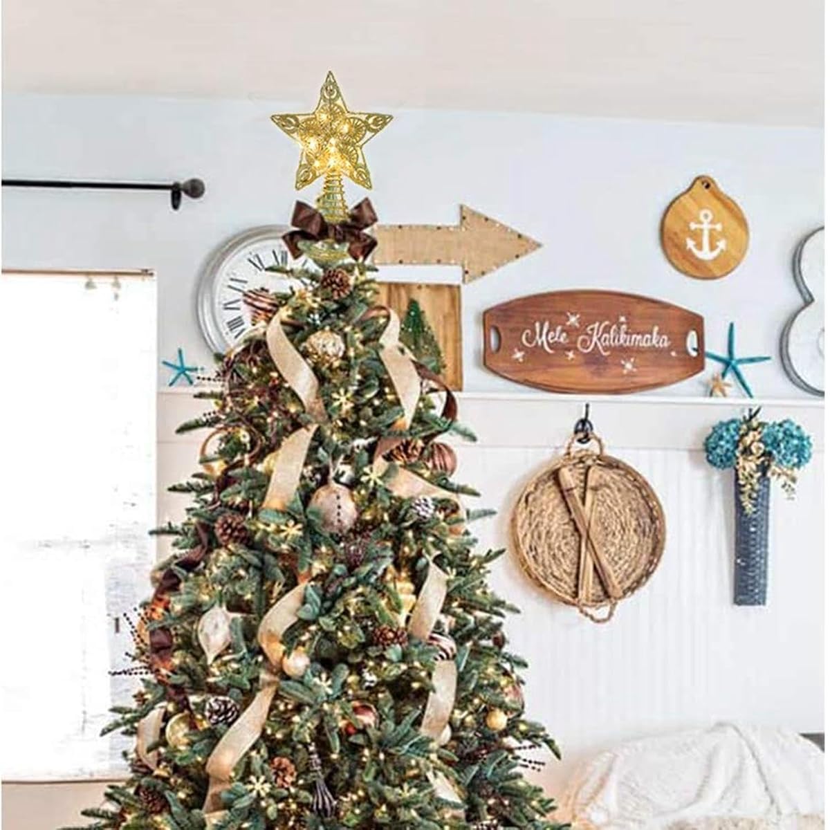 Juegoal Star Tree Topper with 20 LED Lights, Metal Golden Lighted Treetop Ornaments, Battery Powered Light Up Christmas Tree Decorations, 6.5 x 6.5 Inches - imagem de detalhe 5