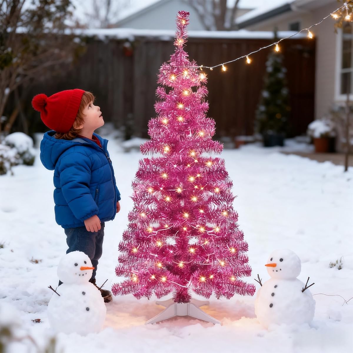 Juegoal Pink Artificial Tree, 4 FT Pre-lit Christmas Tree, Lighted Tinsel Pencil Pine Spruce Trees with Warm White Lights, 8 Lighting Mode Battery Powered for Xmas Holiday Winter Home Party Decor - detail image 1