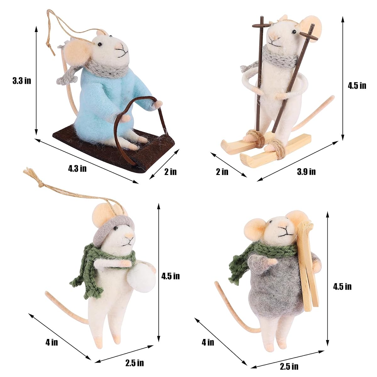 Juegoal Felt Skiing Mice Ornaments Set of 4, Winter Xmas Wool White Mouse Hanging Decor, Felt Animal Crafts Woodland Cute Christmas Tree Wreath Decor for Home Party Supplies - detail image 1