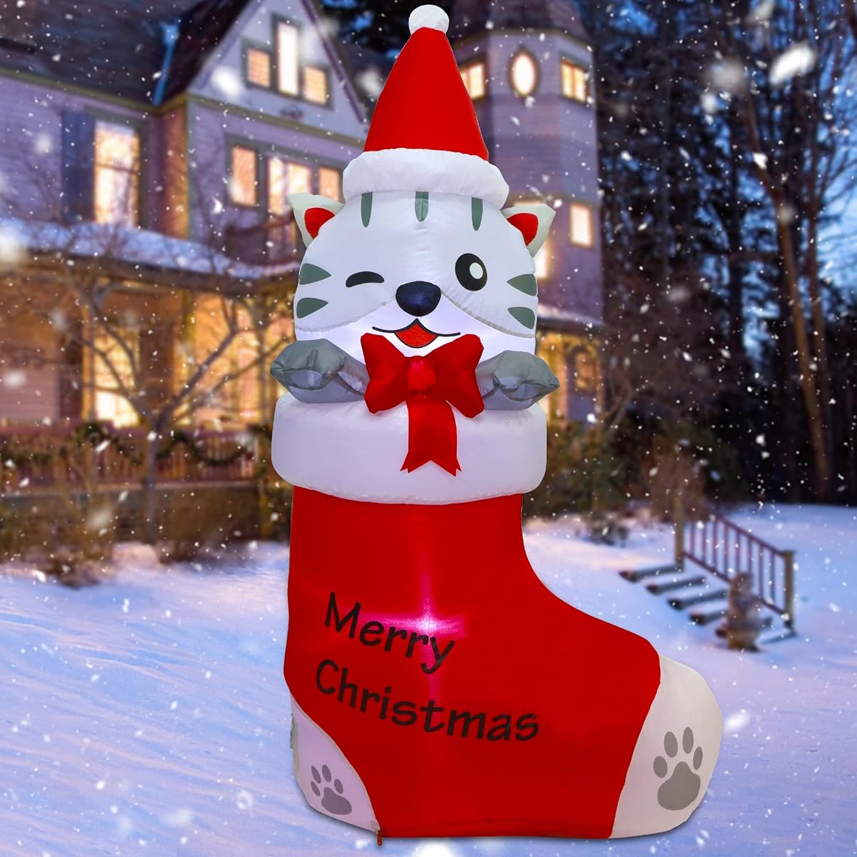 Juegoal 5 FT Christmas Inflatables Outdoor Decorations, Inflatable Kitten in Xmas Stocking, Lighted Blow Up Cat Standing on Christmas Socks with Built in Lights for Holiday Lawn Yard Garden Decor - imagem de detalhe 4