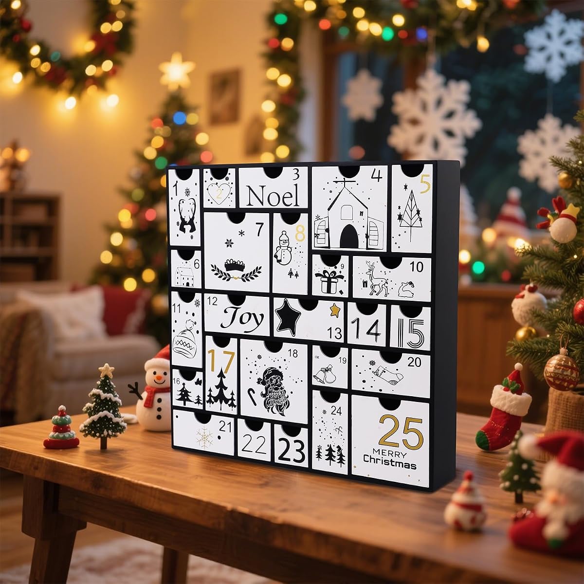 Juegoal Advent Calendar, 11.8'' Black Wooden Advent Calendars with 25 Storage Drawers Countdown to Christmas 2025, Christmas Advent Holiday Decor - 细节图 2