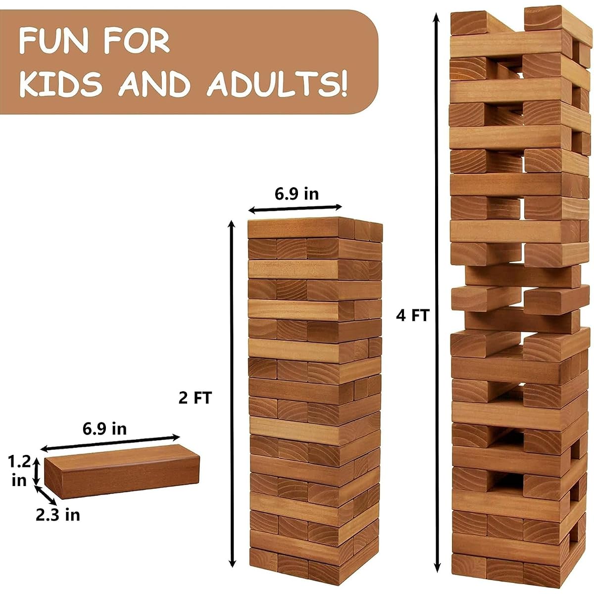 Juegoal 54 Piece Giant Tumble Tower Brown for Adult Kids Family, Wooden Block Stacking Game with Gameboard & Canvas Bag, Outdoor Games for Backyard Lawn Party Playing, 6.9 x 6.9 x 24 Inches,X-Large - detail image 1