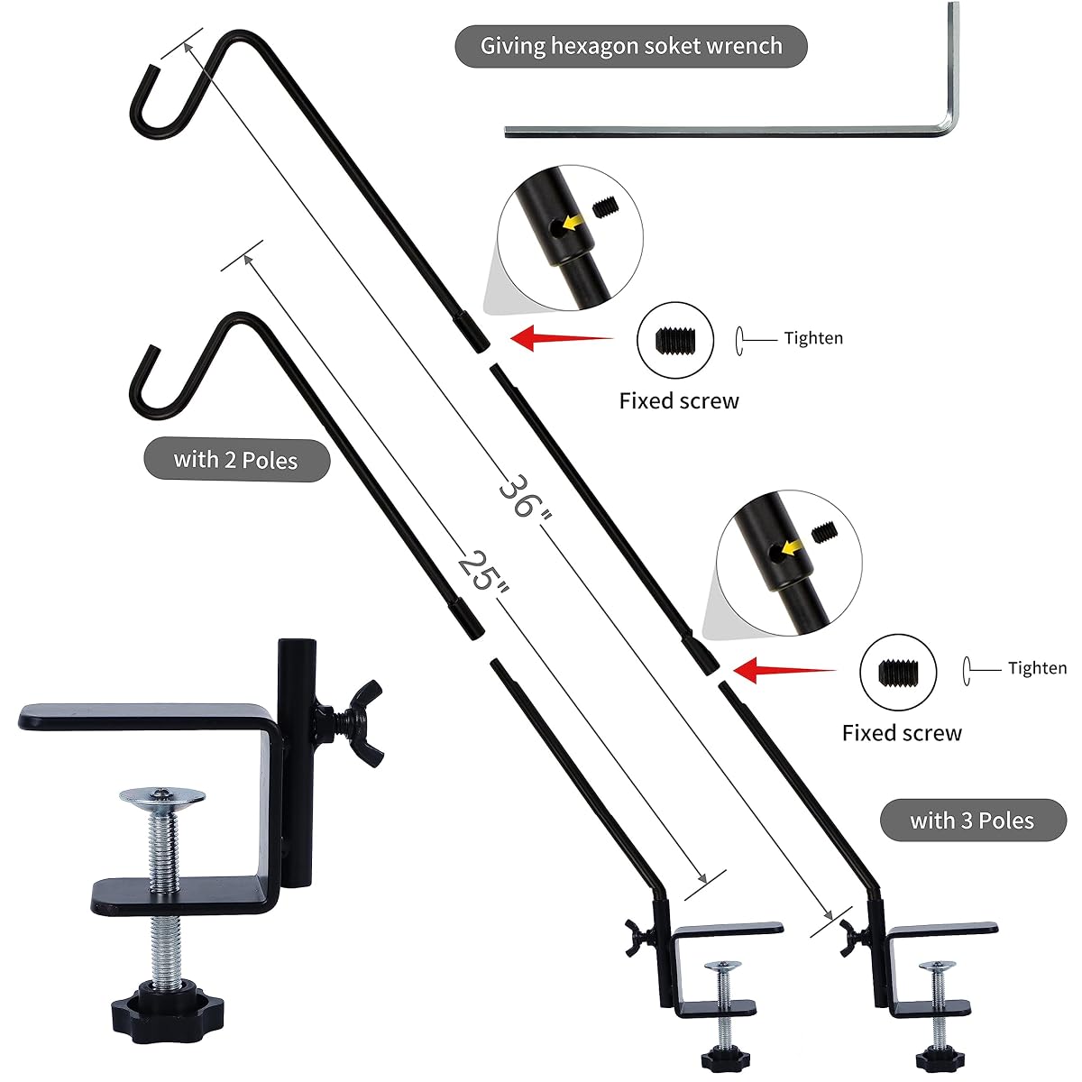 Juegoal 2 Pack Heavy Duty Deck Hook with 2 Inch Non Slip Clamp, 25 or 36 Inch Extended Reach Deck Hook, Adjustable Rail Pole Plant Bracket for Hanging Bird Feeder, Suet Baskets, Lanterns, Wind Chimes - imagem de detalhe 1
