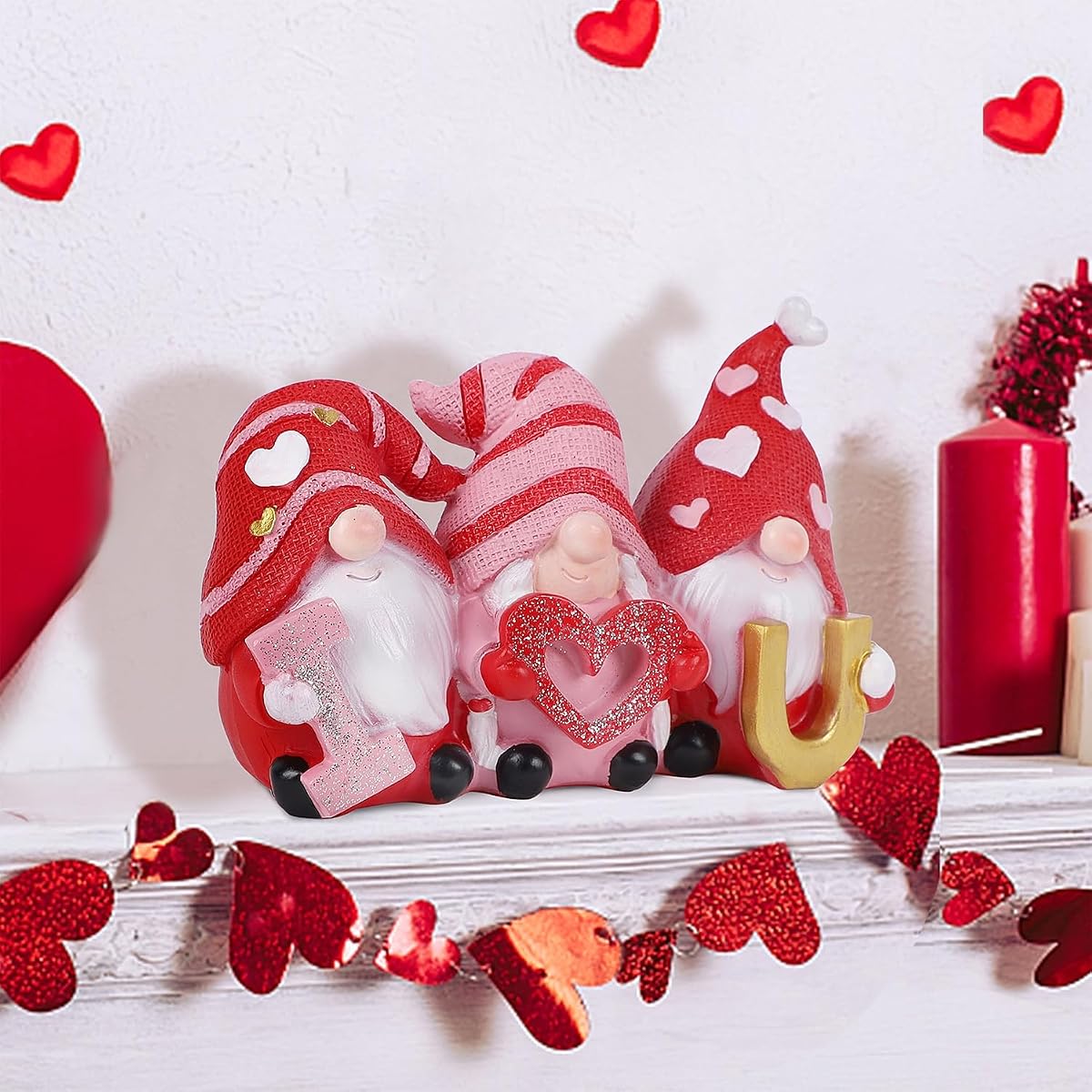 Juegoal Valentines Gnomes Statue, I Love U Red Resin Gnome Valentine Decor, Valentine Gift Tabletop Ornament, Swedish Tomte Handmade Bride and Groom Gifts for Him Home Table Decoration - detail image 3