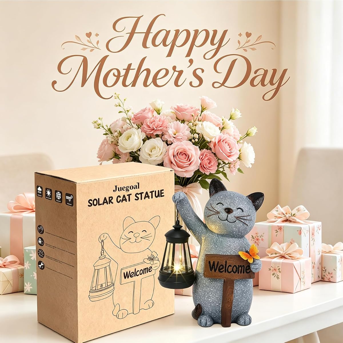 Juegoal Garden Statue Solar Cat Figurine with LED Lantern, Mothers Day 10" Resin Kitten Hold Welcome Sign, Outdoor Whimsical Lawn Porch, Lighted Housewarming Birthday for Mom Grandma - imagem de detalhe 1