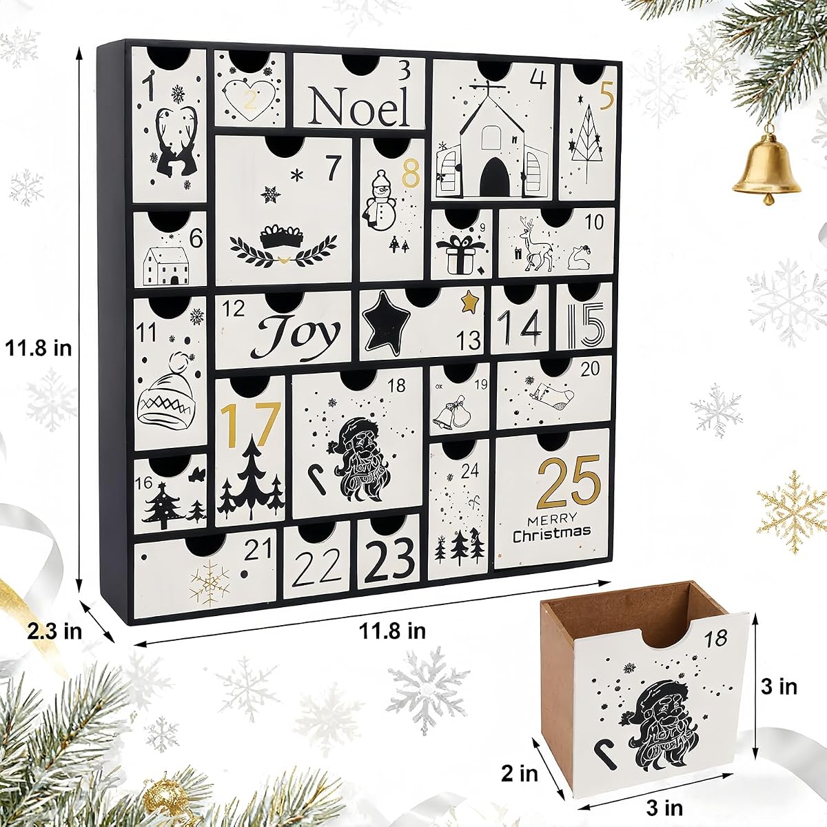 Juegoal Advent Calendar, 11.8'' Black Wooden Advent Calendars with 25 Storage Drawers Countdown to Christmas 2025, Christmas Advent Holiday Decor - 细节图 1