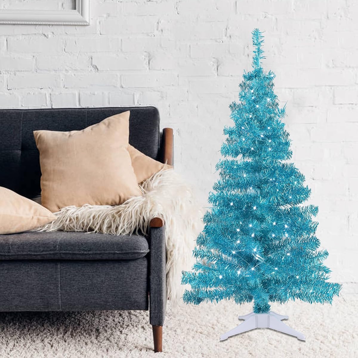 Juegoal 4 FT Lighted Artificial Christmas Tree, Pre-lit Green Tinsel Pine Spruce Tree, Light up with 70 White LED Lights Battery Powered, 8 Modes & Timer for Xmas Holiday Winter Home Party Decor - detail image 4