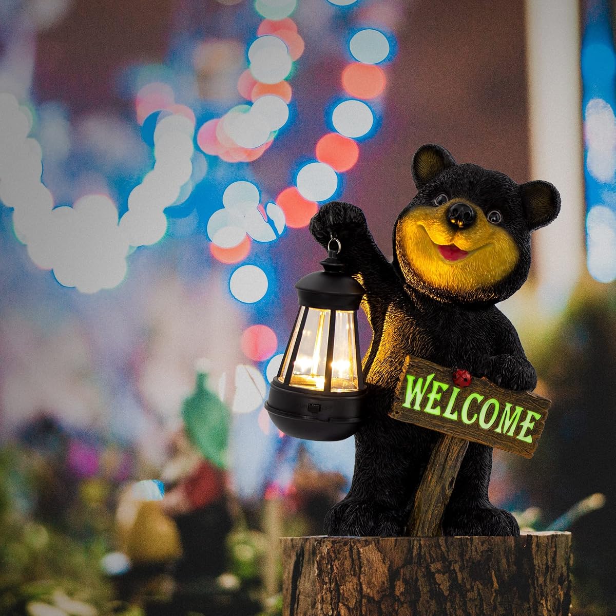 Juegoal Garden Bear Statue with Solar LED Lantern, Luminous Welcome Sign, Gifts for Mom Yard Art, Whimsical Figurine Large Sculpture Lighted Outdoor Mother's Day Spring Decorations for Lawn, Porch - detail image 5