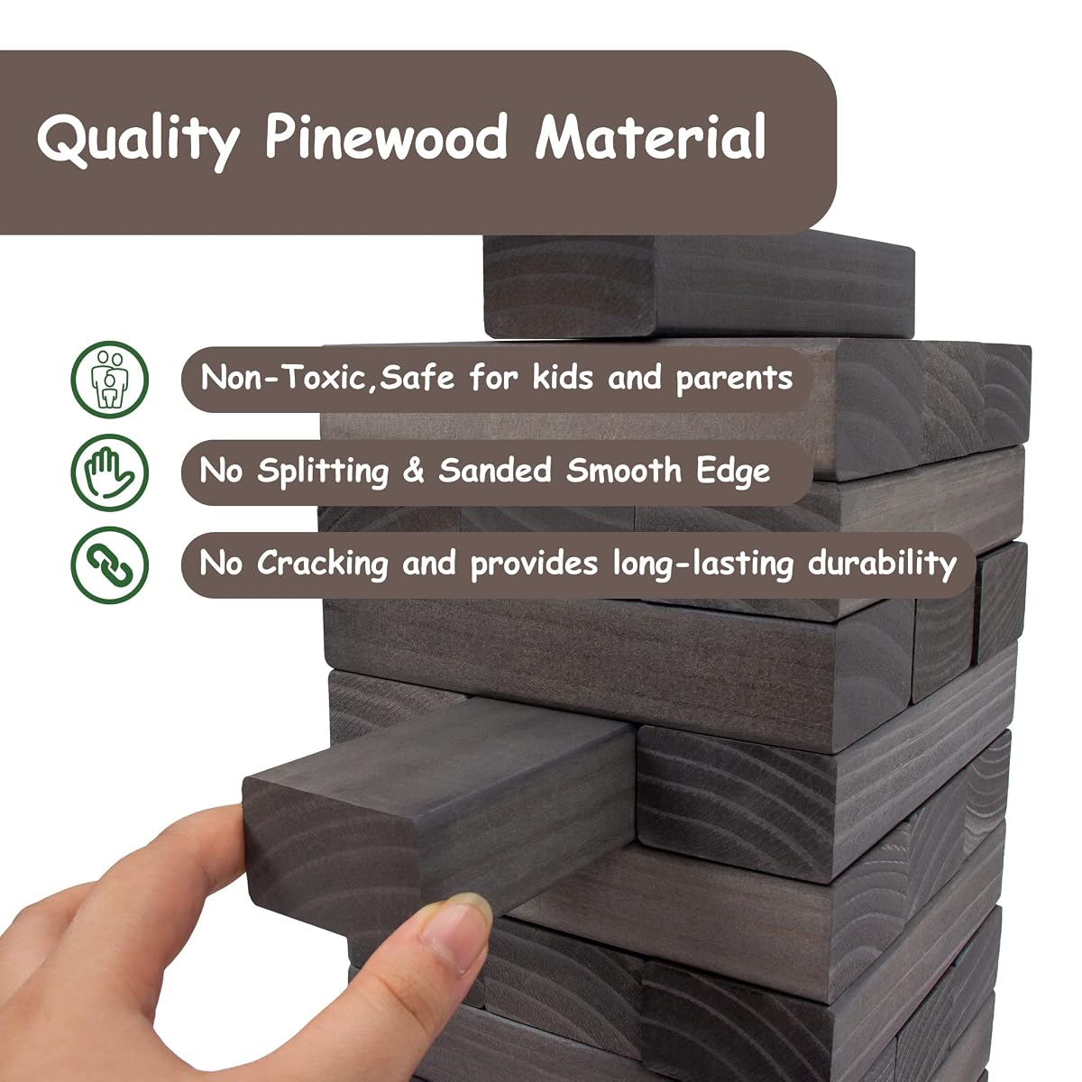 Juegoal 54 Pieces Giant Tumble Tower Blocks Game Giant Wood Stacking Game with 1 Dice Set, Gameboard, Canvas Bag for Adult, Kids, Family, Grey - imagem de detalhe 4