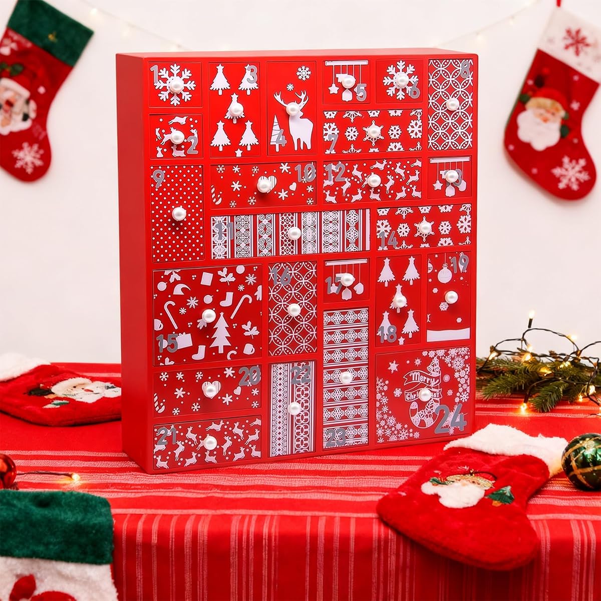 Juegoal Red Advent Calendar with 24 Drawers Countdown to Christmas, Refillable Wooden Advent, 15 Inches Tall - imagem de detalhe 6