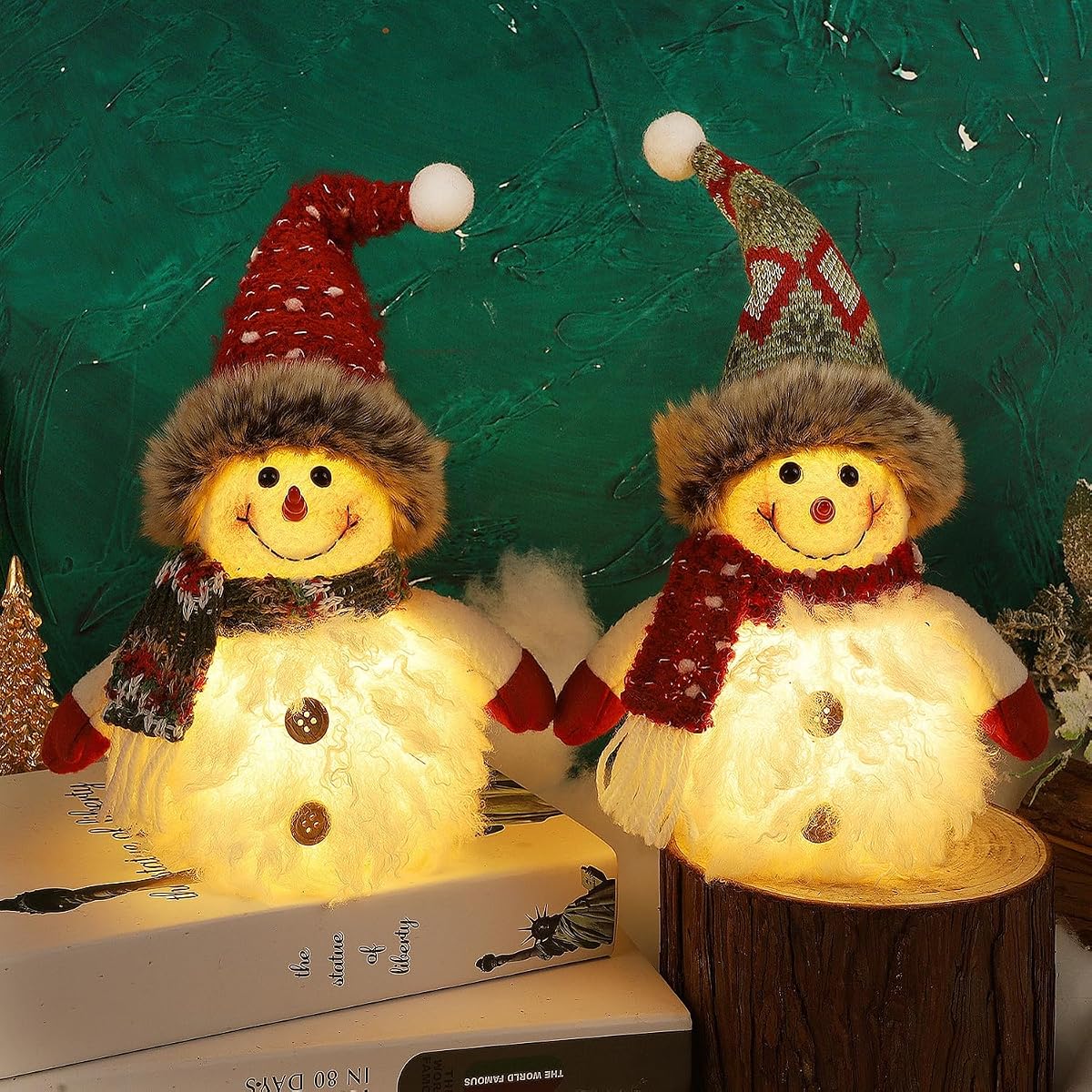 Juegoal 2 Pack Christmas Table Decorations, 10 Inch Lighted Snowmen Figurines, Light Up Snowman Holiday Present, Battery Operated Xmas Gifts Tabletop Ornaments Dinner Party Supplies, Brown Brim - imagem de detalhe 3